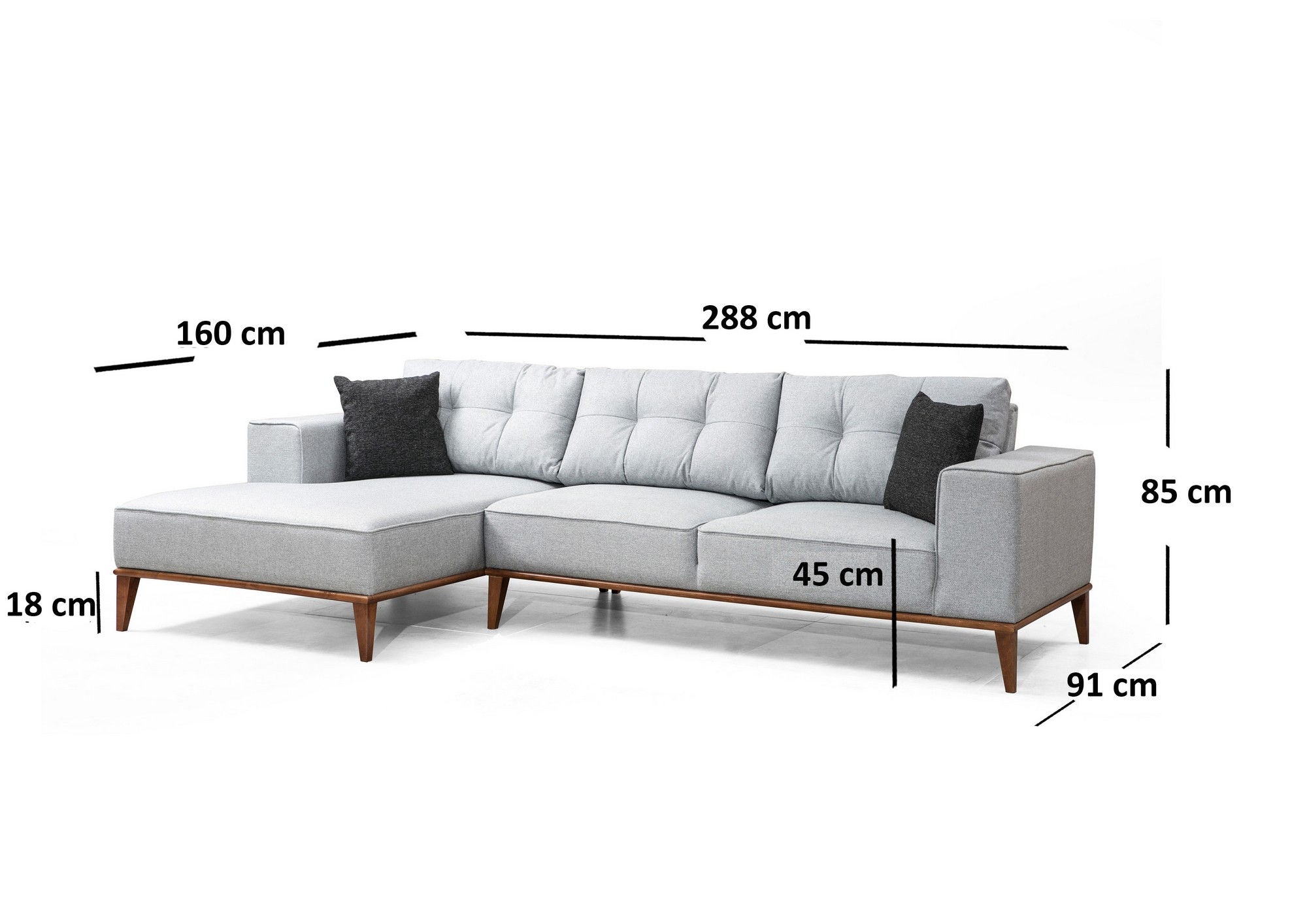 Sofá-cama de canto elegante, cinza claro, 288 x 160 cm | Estrutura em madeira de faia e aglomerado, 100% poliéster, pernas em nogueira | Confortável e versátil para espaços modernos