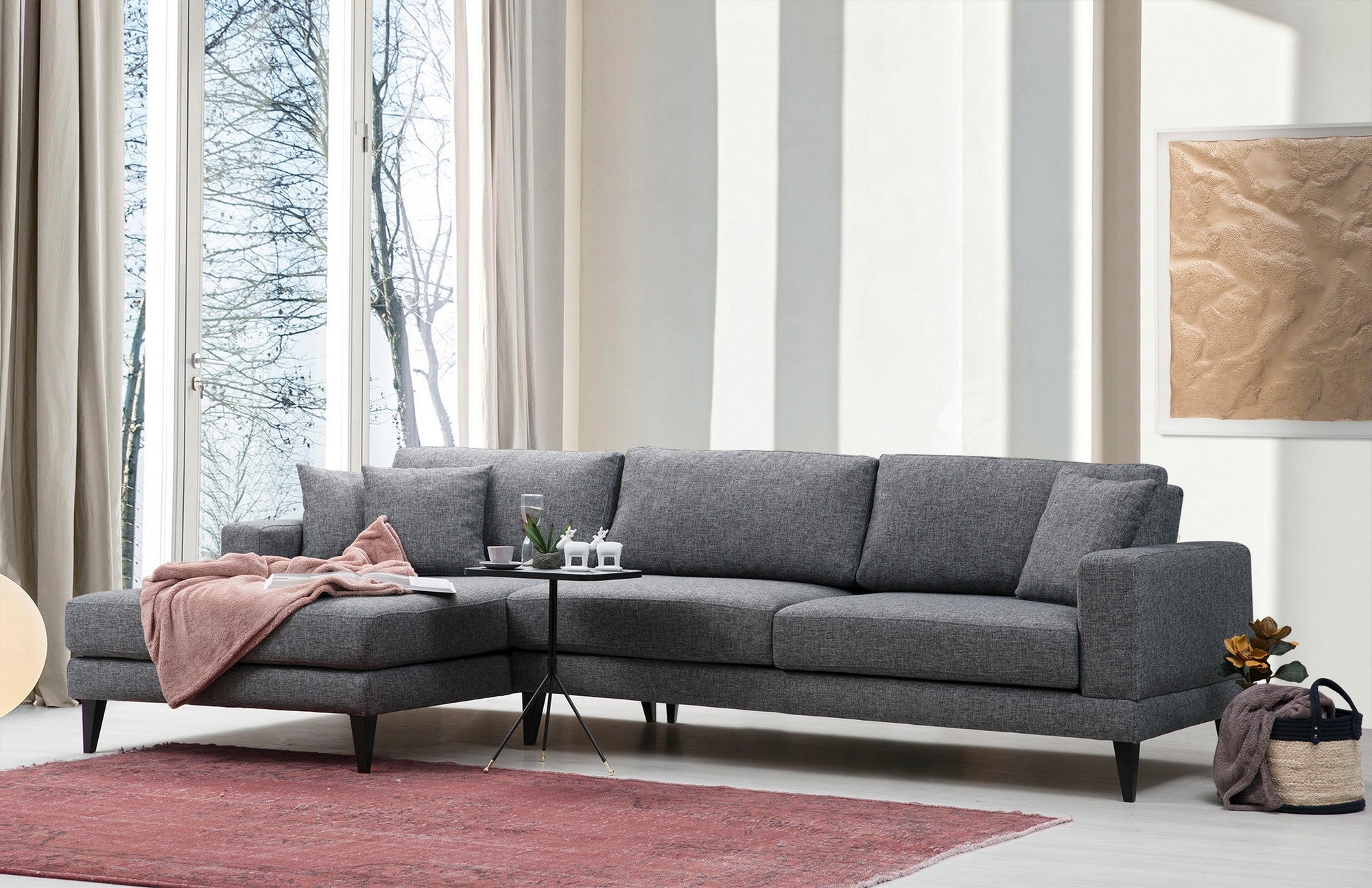 Sofá-cama de canto elegante, cinza escuro, 303 x 160 x 90 cm | Estrutura em madeira de faia e aglomerado, 100% poliéster, almofadas portáteis | Perfeito para espaços modernos