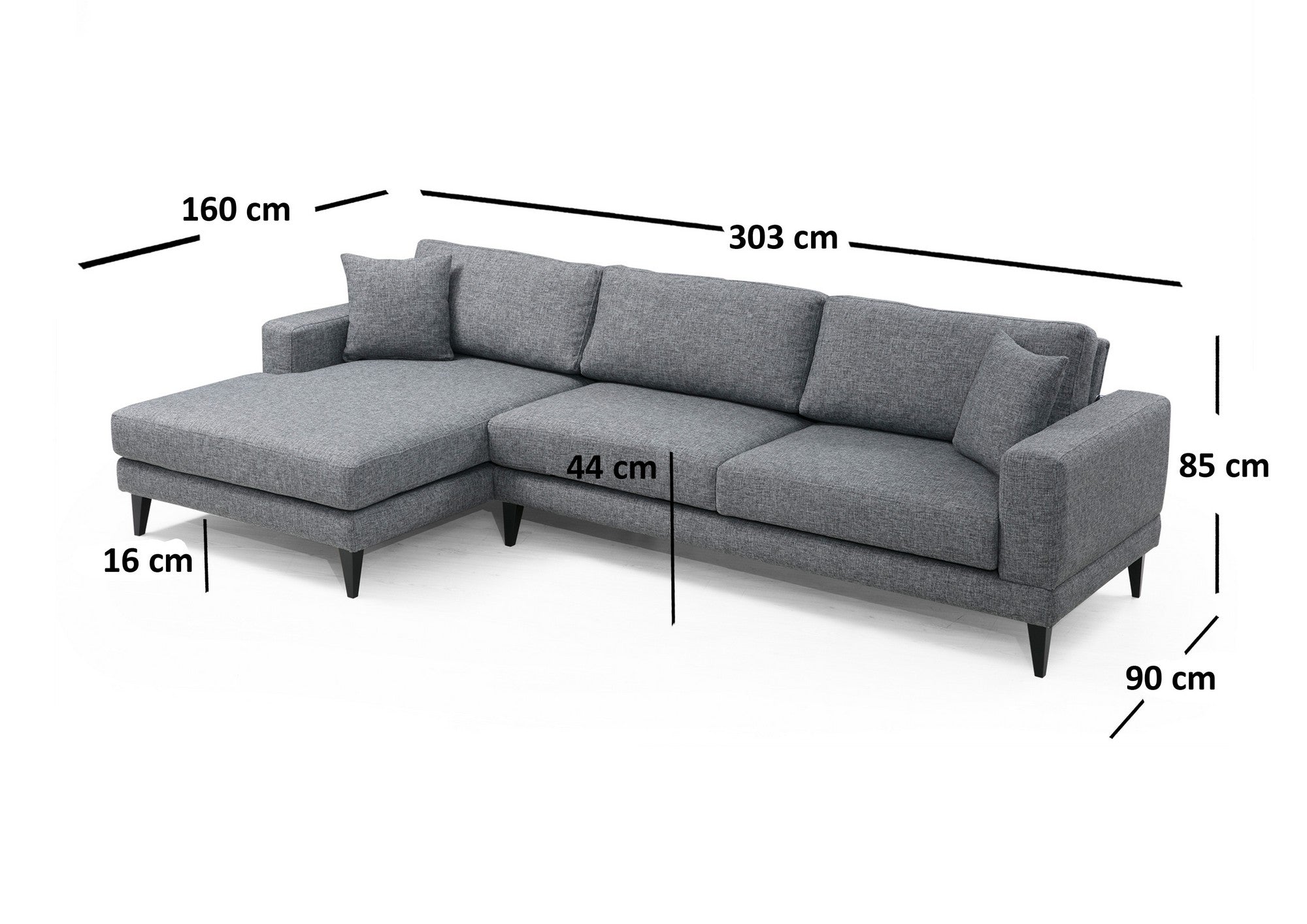 Sofá-cama de canto elegante, cinza escuro, 303 x 160 x 90 cm | Estrutura em madeira de faia e aglomerado, 100% poliéster, almofadas portáteis | Perfeito para espaços modernos