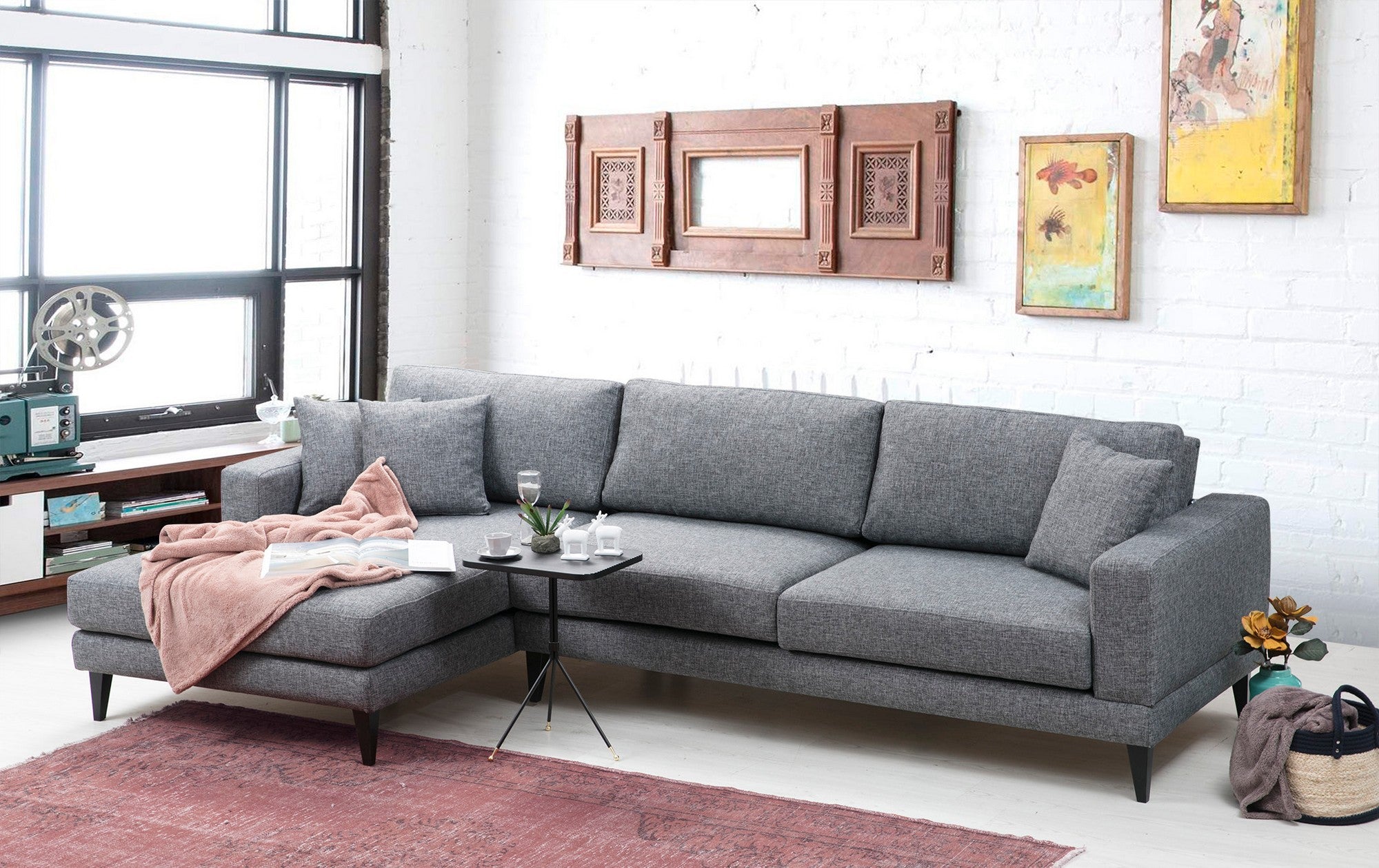 Sofá-cama de canto elegante, cinza escuro, 303 x 160 x 90 cm | Estrutura em madeira de faia e aglomerado, 100% poliéster, almofadas portáteis | Perfeito para espaços modernos