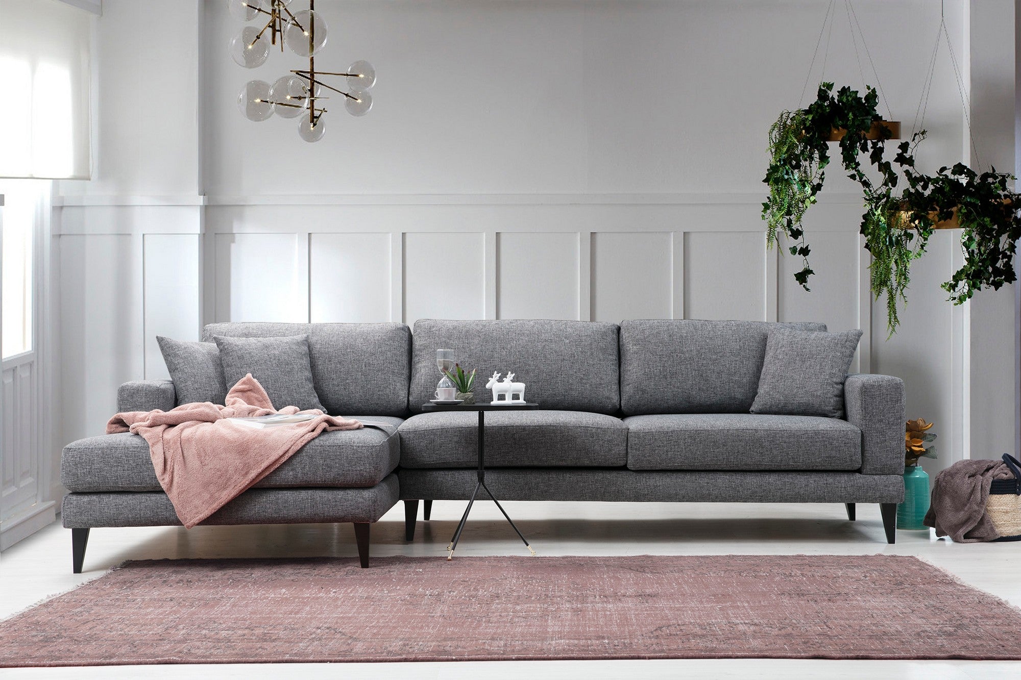 Sofá-cama de canto elegante, cinza escuro, 303 x 160 x 90 cm | Estrutura em madeira de faia e aglomerado, 100% poliéster, almofadas portáteis | Perfeito para espaços modernos