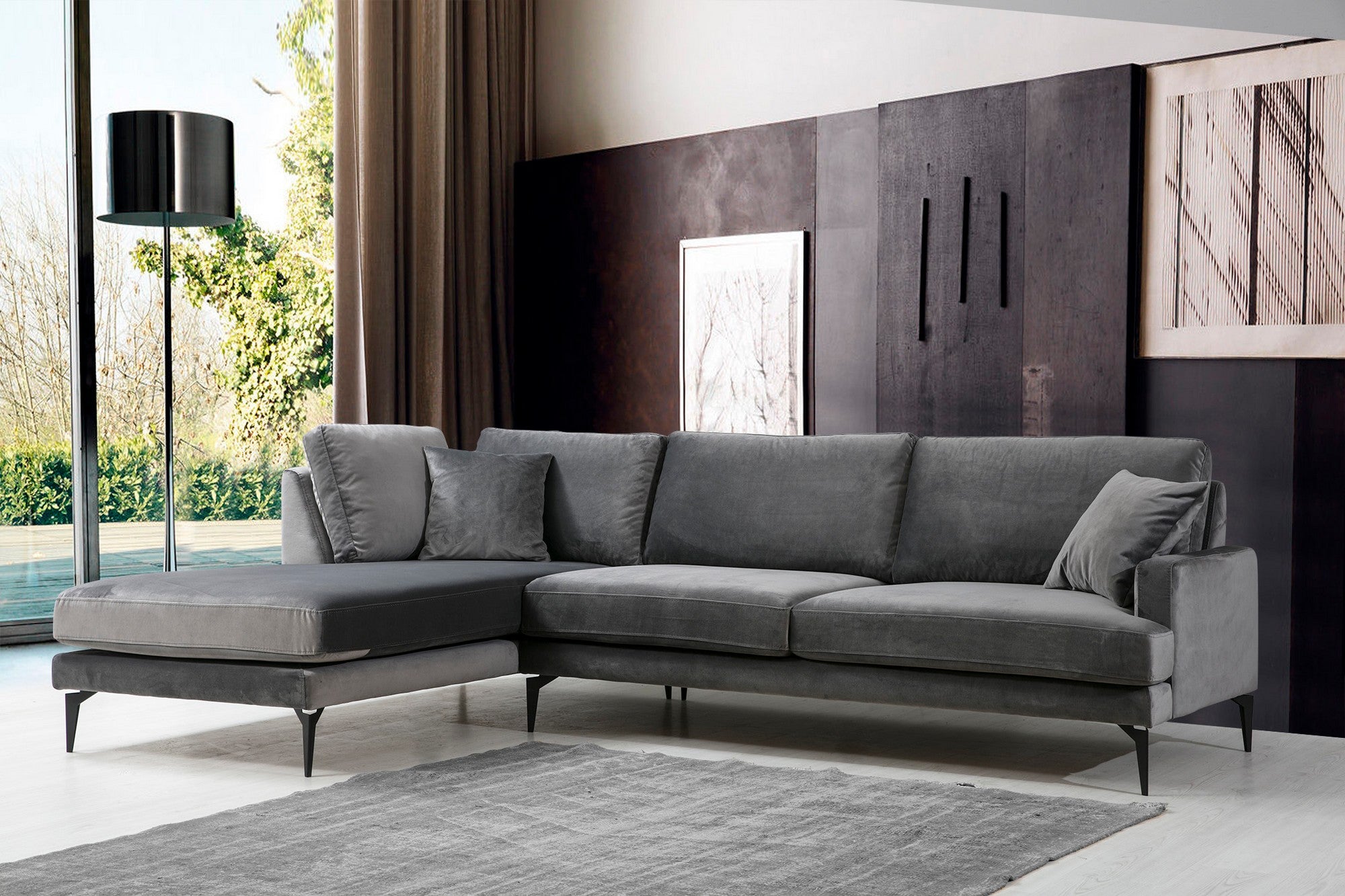 Sofá de canto elegante, cinza antracite, 283 x 180 cm | Estrutura em madeira de faia e aglomerado, 100% poliéster, almofadas de espuma macia | Design industrial moderno com pernas em preto fosco