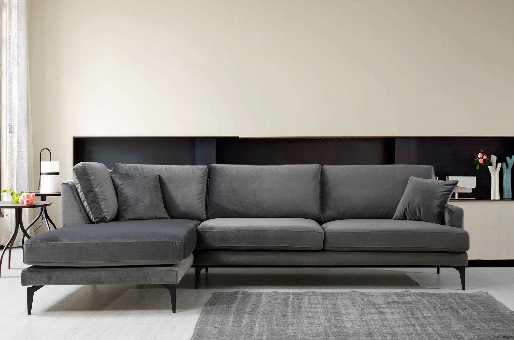 Sofá de canto elegante, cinza antracite, 283 x 180 cm | Estrutura em madeira de faia e aglomerado, 100% poliéster, almofadas de espuma macia | Design industrial moderno com pernas em preto fosco