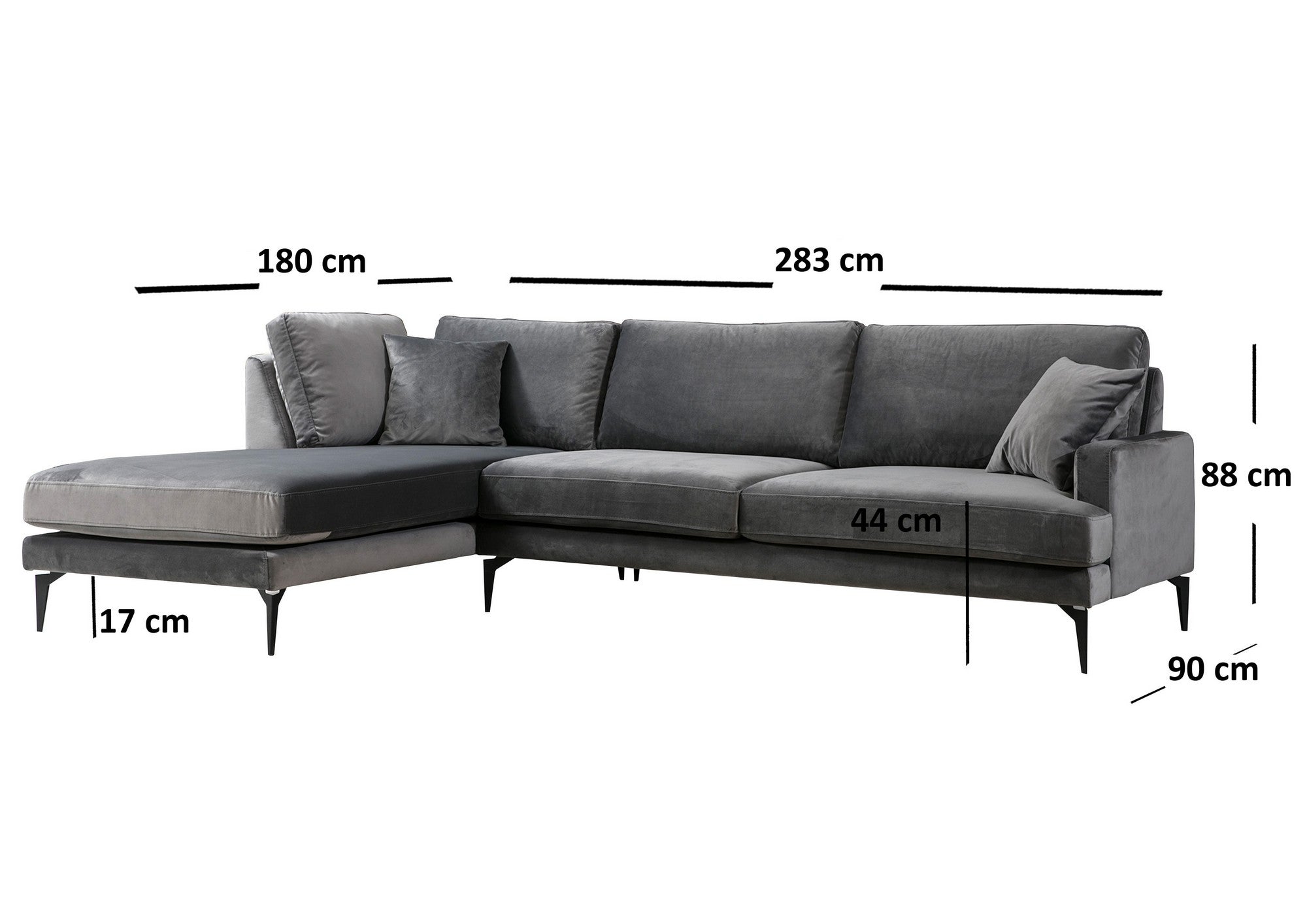 Sofá de canto elegante, cinza antracite, 283 x 180 cm | Estrutura em madeira de faia e aglomerado, 100% poliéster, almofadas de espuma macia | Design industrial moderno com pernas em preto fosco
