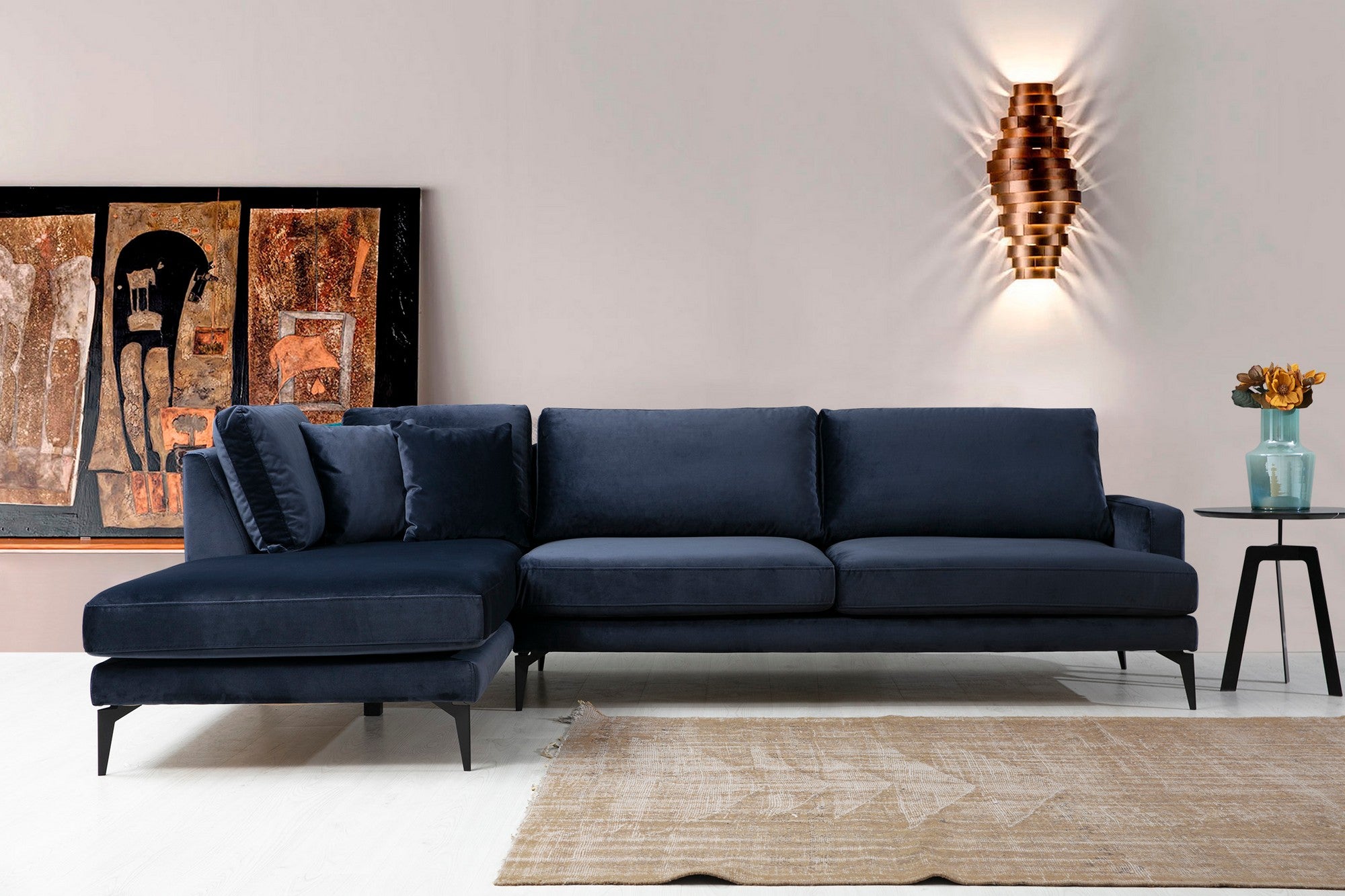 Sofá de canto elegante em azul-marinho, estrutura de madeira de faia e aglomerado, 283 x 180 cm | Almofadas de espuma cinza macia, portáteis e laváveis a seco | Design industrial moderno
