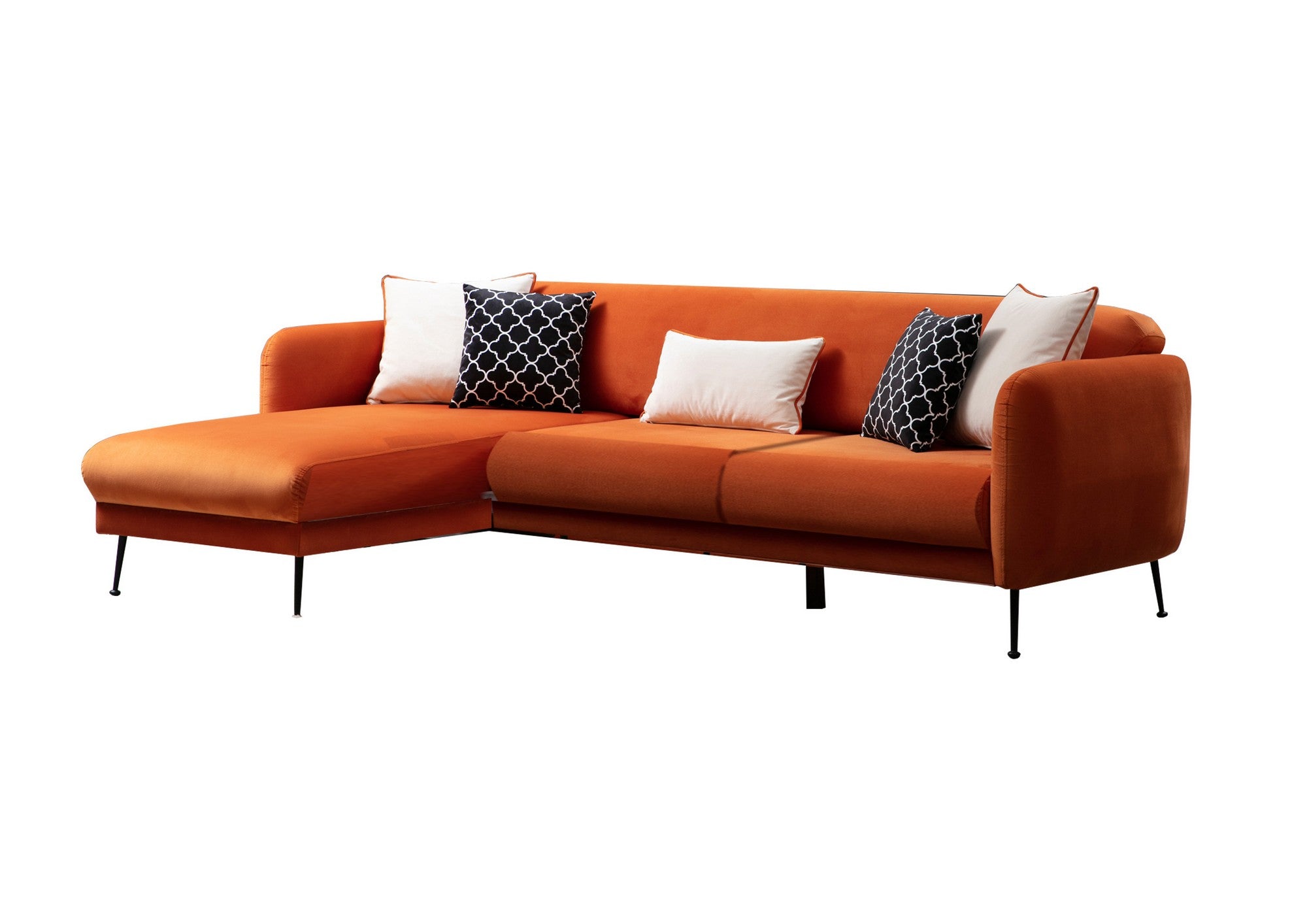 Sofá-cama de canto elegante, laranja, 270 x 170 cm | Estrutura em madeira de faia e aglomerado, 100% poliéster, sistema de sofá-cama, pernas de metal preto fosco | Perfeito para espaços modernos