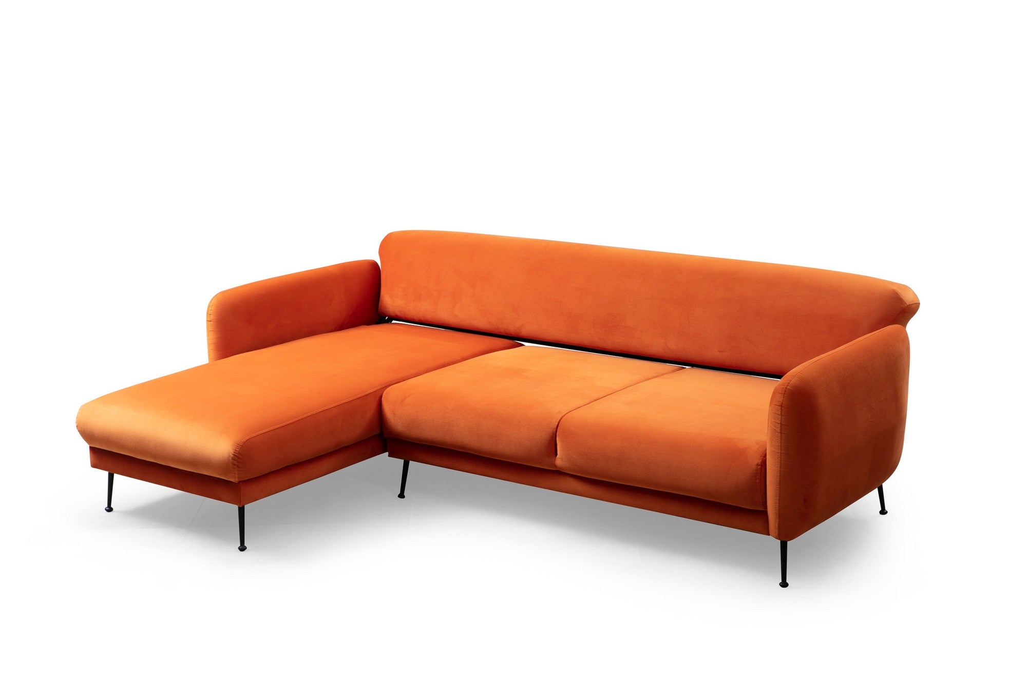 Sofá-cama de canto elegante, laranja, 270 x 170 cm | Estrutura em madeira de faia e aglomerado, 100% poliéster, sistema de sofá-cama, pernas de metal preto fosco | Perfeito para espaços modernos
