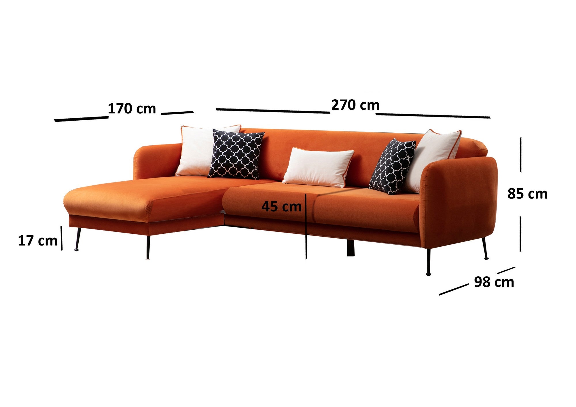 Sofá-cama de canto elegante, laranja, 270 x 170 cm | Estrutura em madeira de faia e aglomerado, 100% poliéster, sistema de sofá-cama, pernas de metal preto fosco | Perfeito para espaços modernos