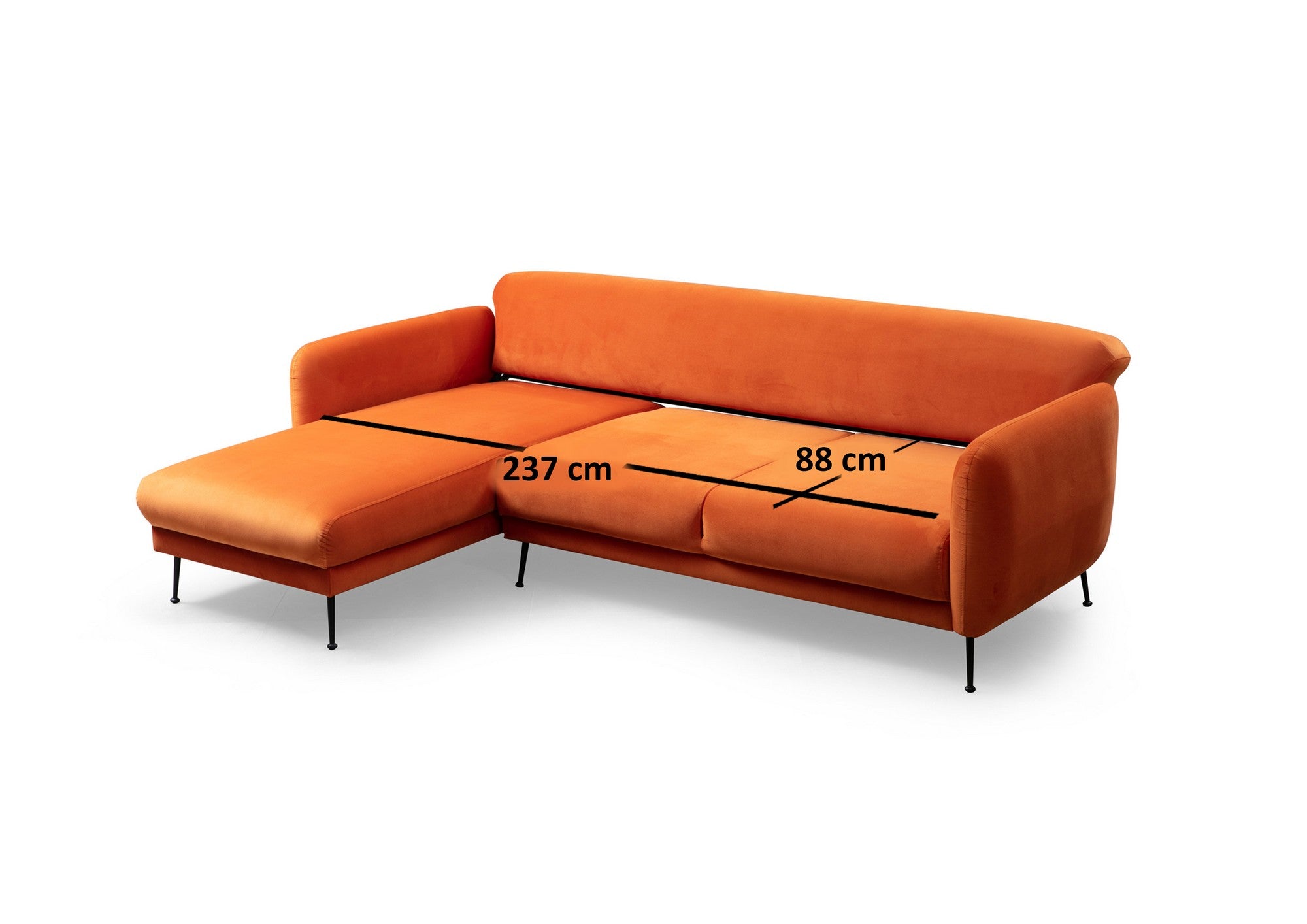 Sofá-cama de canto elegante, laranja, 270 x 170 cm | Estrutura em madeira de faia e aglomerado, 100% poliéster, sistema de sofá-cama, pernas de metal preto fosco | Perfeito para espaços modernos