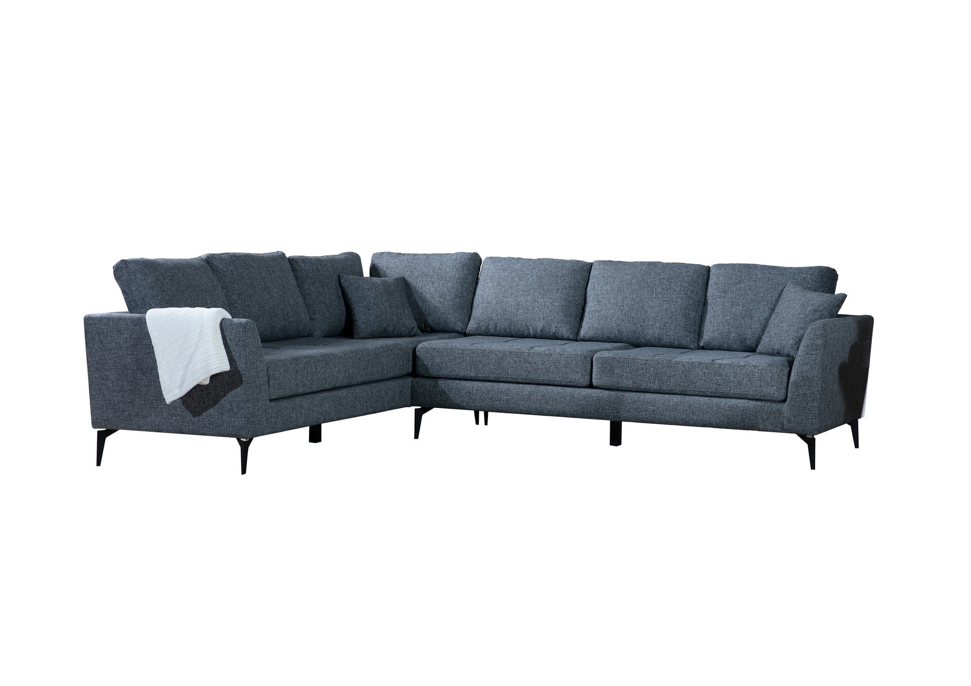 Sofá de canto elegante, cinza escuro, 300 cm | Estrutura em madeira de faia e aglomerado, tecido 100% poliéster | Inclui 2 almofadas, pernas de metal preto fosco | Design industrial moderno