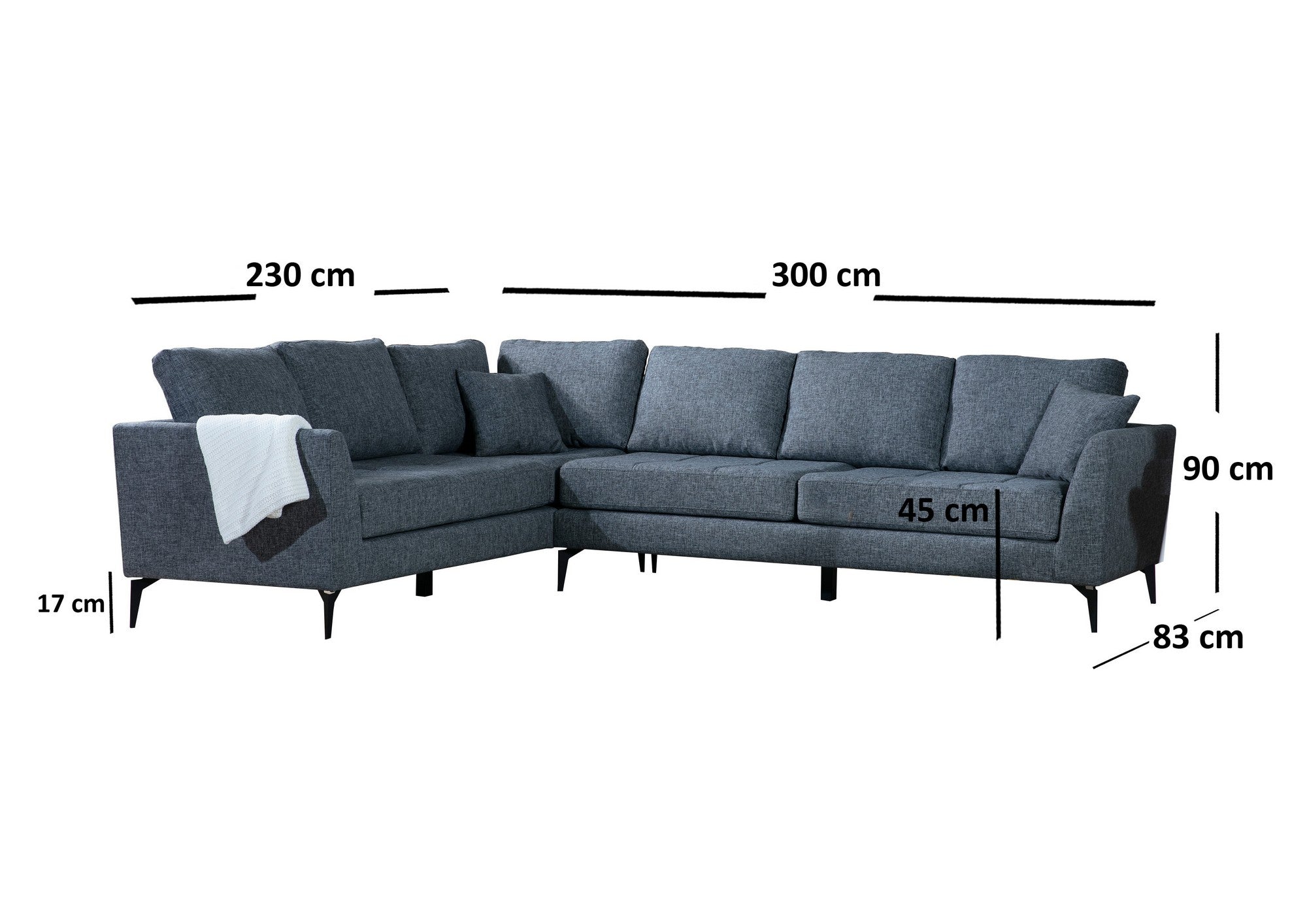 Sofá de canto elegante, cinza escuro, 300 cm | Estrutura em madeira de faia e aglomerado, tecido 100% poliéster | Inclui 2 almofadas, pernas de metal preto fosco | Design industrial moderno