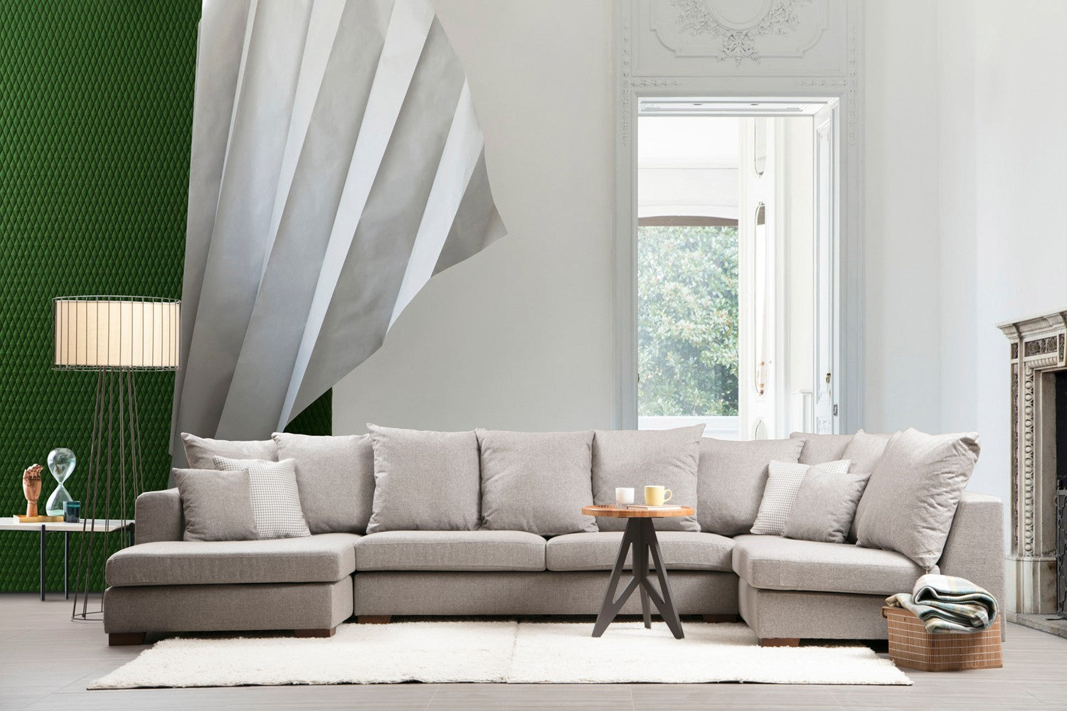 Sofá de canto elegante, bege, 380 x 188 cm | Estrutura em madeira de faia e aglomerado, 100% poliéster, espuma cinza macia | Design escandinavo com pernas de nogueira