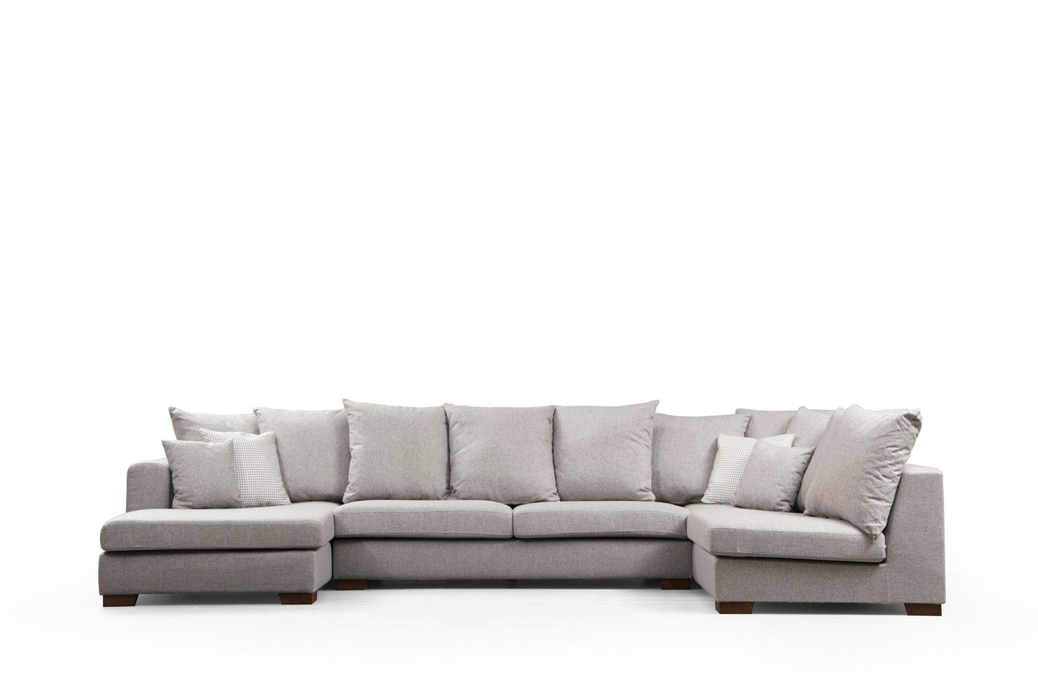 Sofá de canto elegante, bege, 380 x 188 cm | Estrutura em madeira de faia e aglomerado, 100% poliéster, espuma cinza macia | Design escandinavo com pernas de nogueira