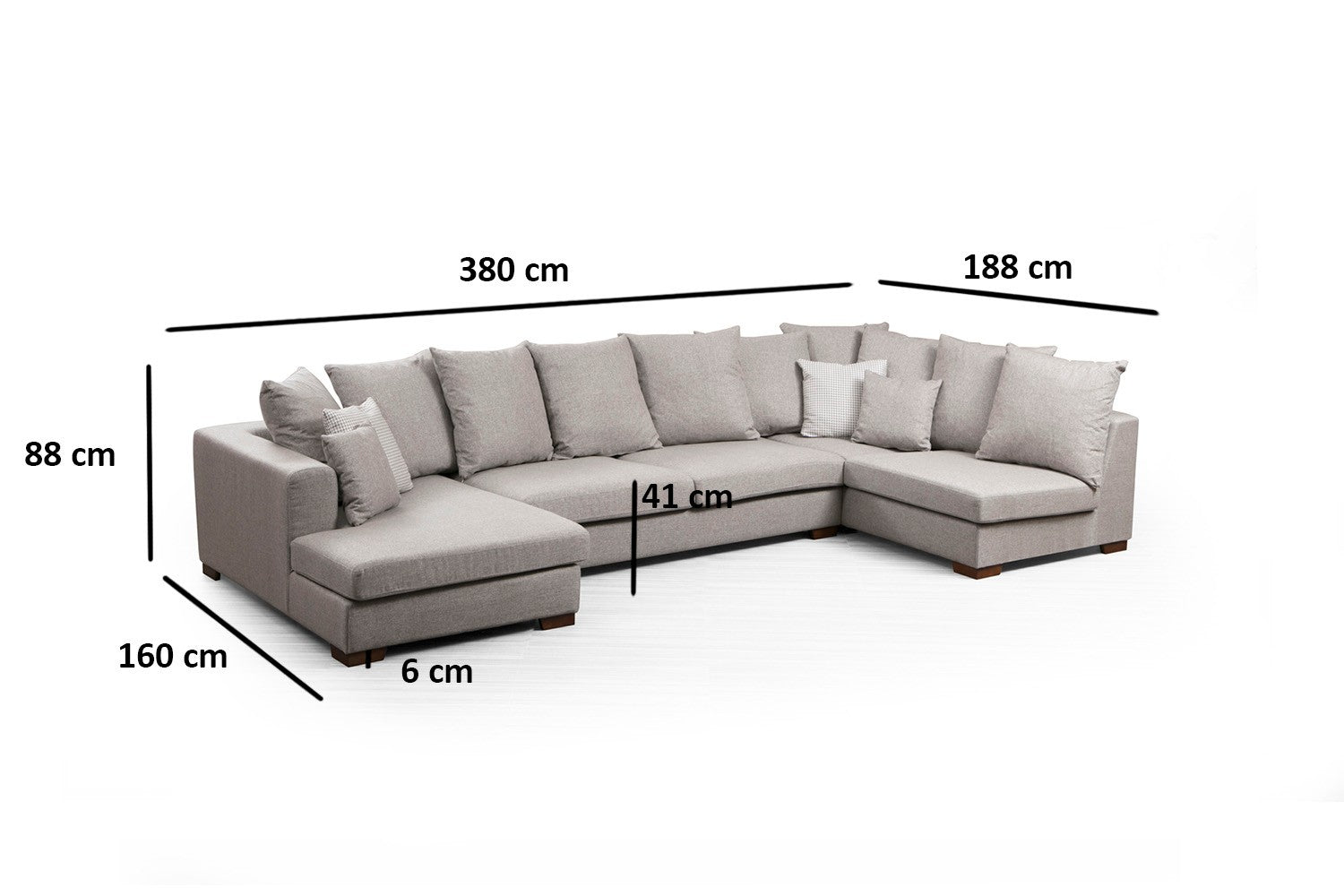 Sofá de canto elegante, bege, 380 x 188 cm | Estrutura em madeira de faia e aglomerado, 100% poliéster, espuma cinza macia | Design escandinavo com pernas de nogueira