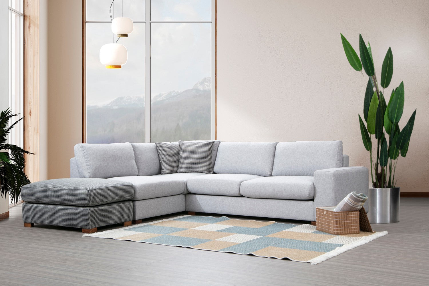 Sofá de canto elegante com pufe, estrutura de madeira de faia e aglomerado, 246 x 266 cm, cinza e cinza claro, 100% poliéster, pernas de nogueira, perfeito para espaços de estar modernos