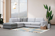 Sofá de canto elegante com pufe, estrutura de madeira de faia e aglomerado, 246 x 266 cm, cinza e cinza claro, 100% poliéster, pernas de nogueira, perfeito para espaços de estar modernos