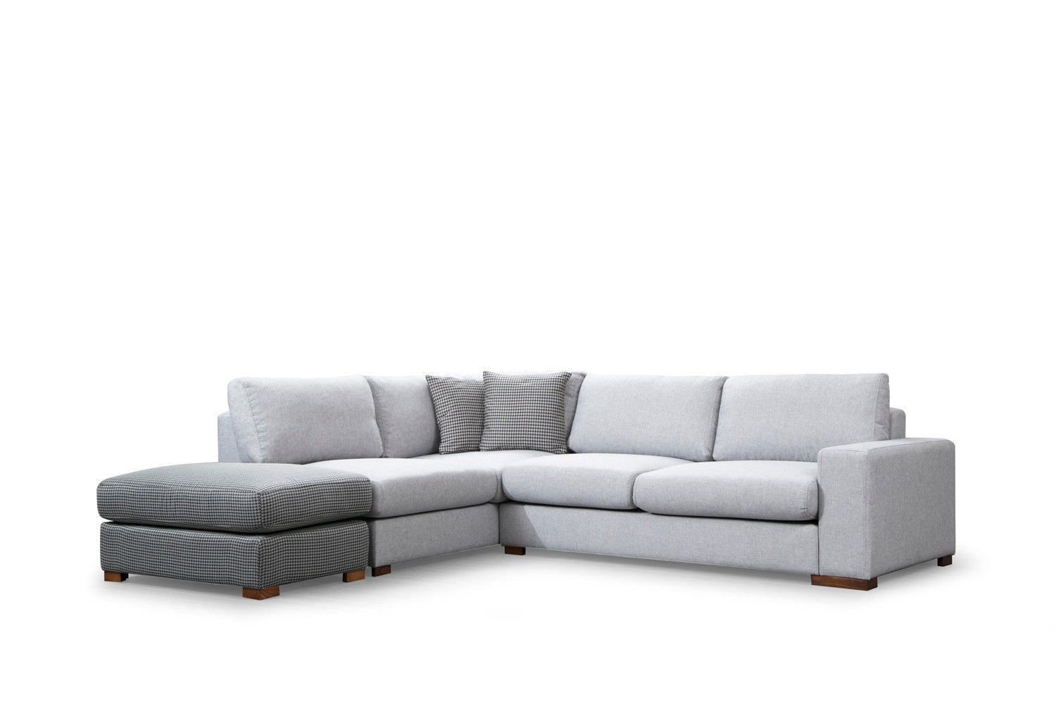 Sofá de canto elegante com pufe, estrutura de madeira de faia e aglomerado, 246 x 266 cm, cinza e cinza claro, 100% poliéster, pernas de nogueira, perfeito para espaços de estar modernos