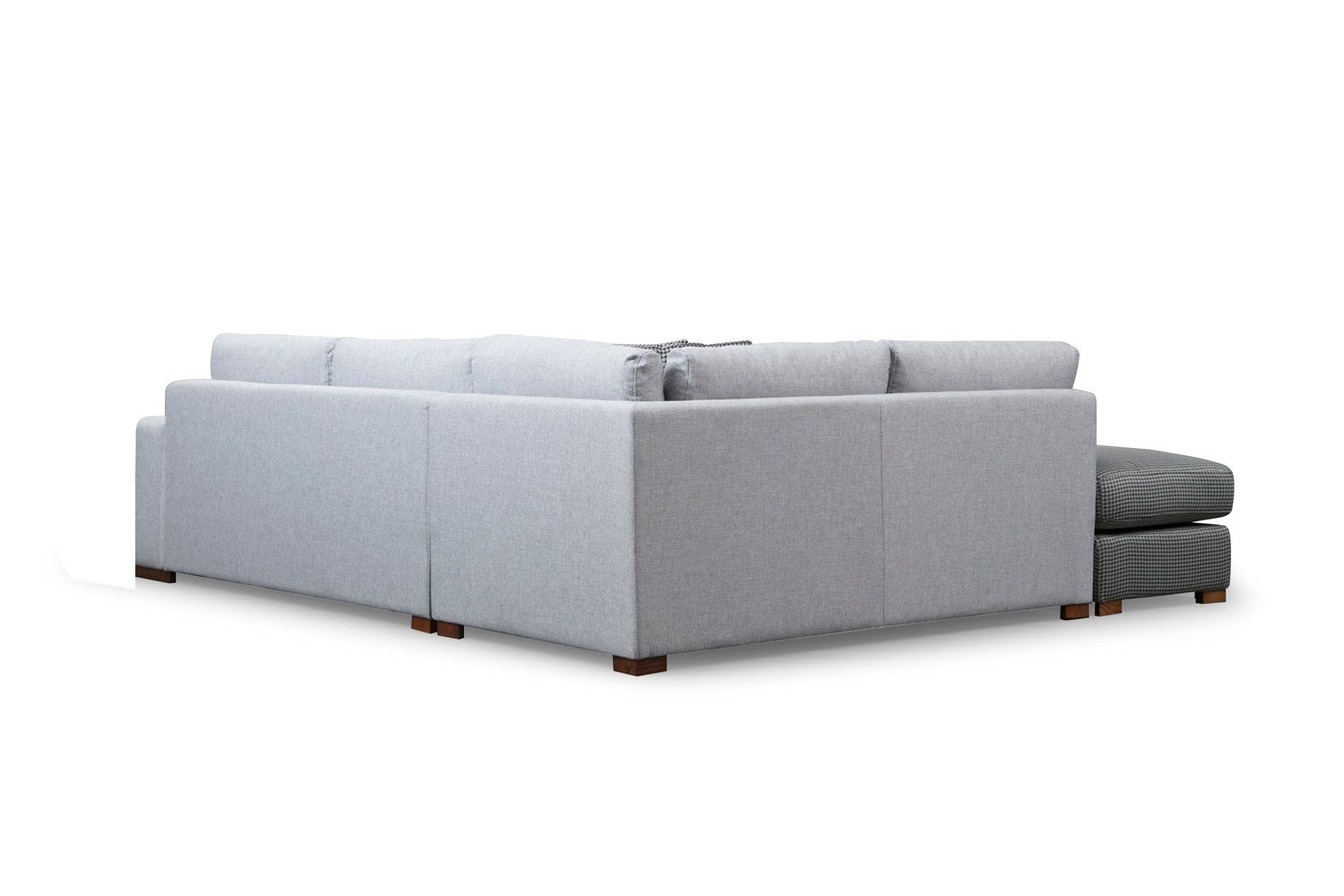 Sofá de canto elegante com pufe, estrutura de madeira de faia e aglomerado, 246 x 266 cm, cinza e cinza claro, 100% poliéster, pernas de nogueira, perfeito para espaços de estar modernos