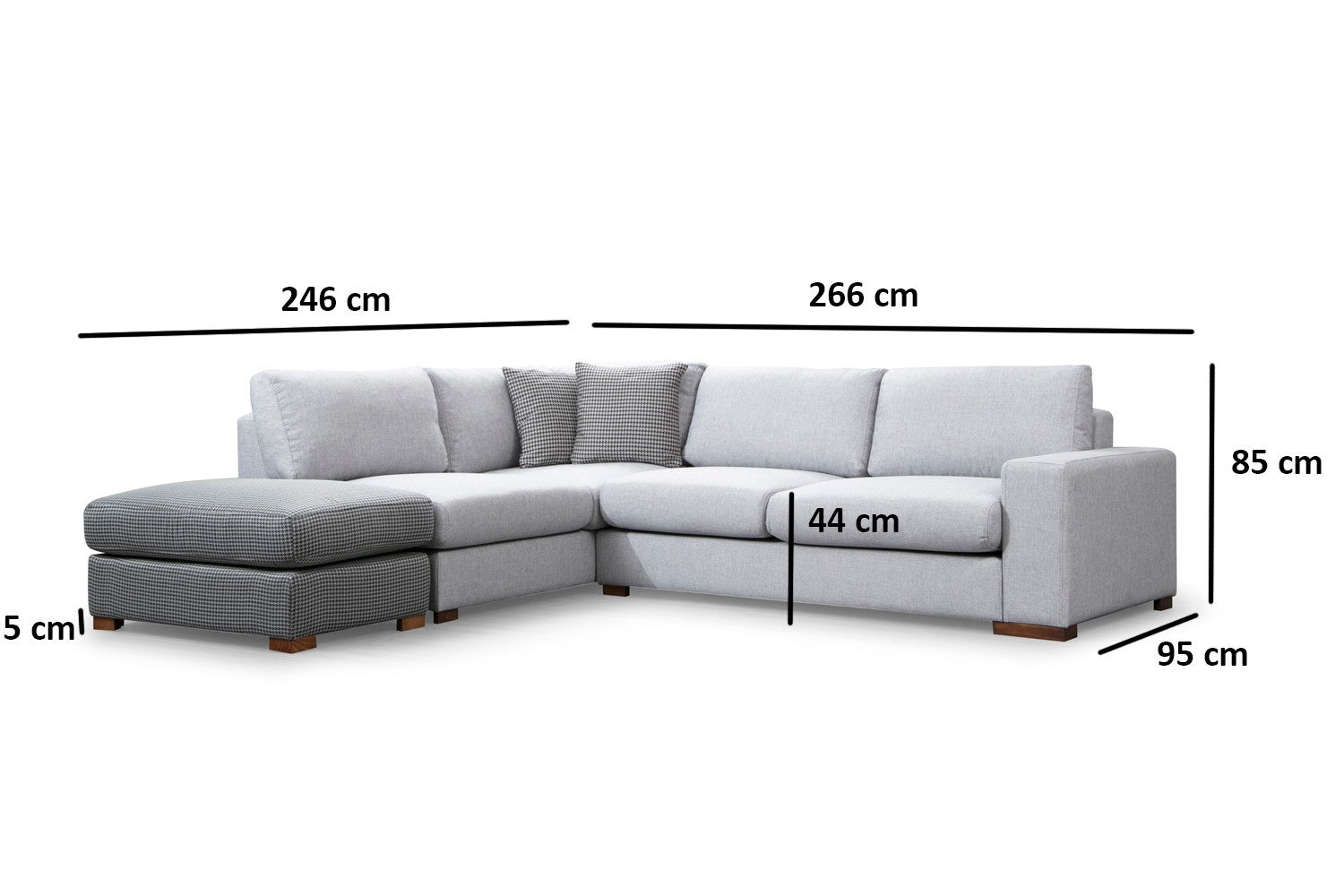 Sofá de canto elegante com pufe, estrutura de madeira de faia e aglomerado, 246 x 266 cm, cinza e cinza claro, 100% poliéster, pernas de nogueira, perfeito para espaços de estar modernos