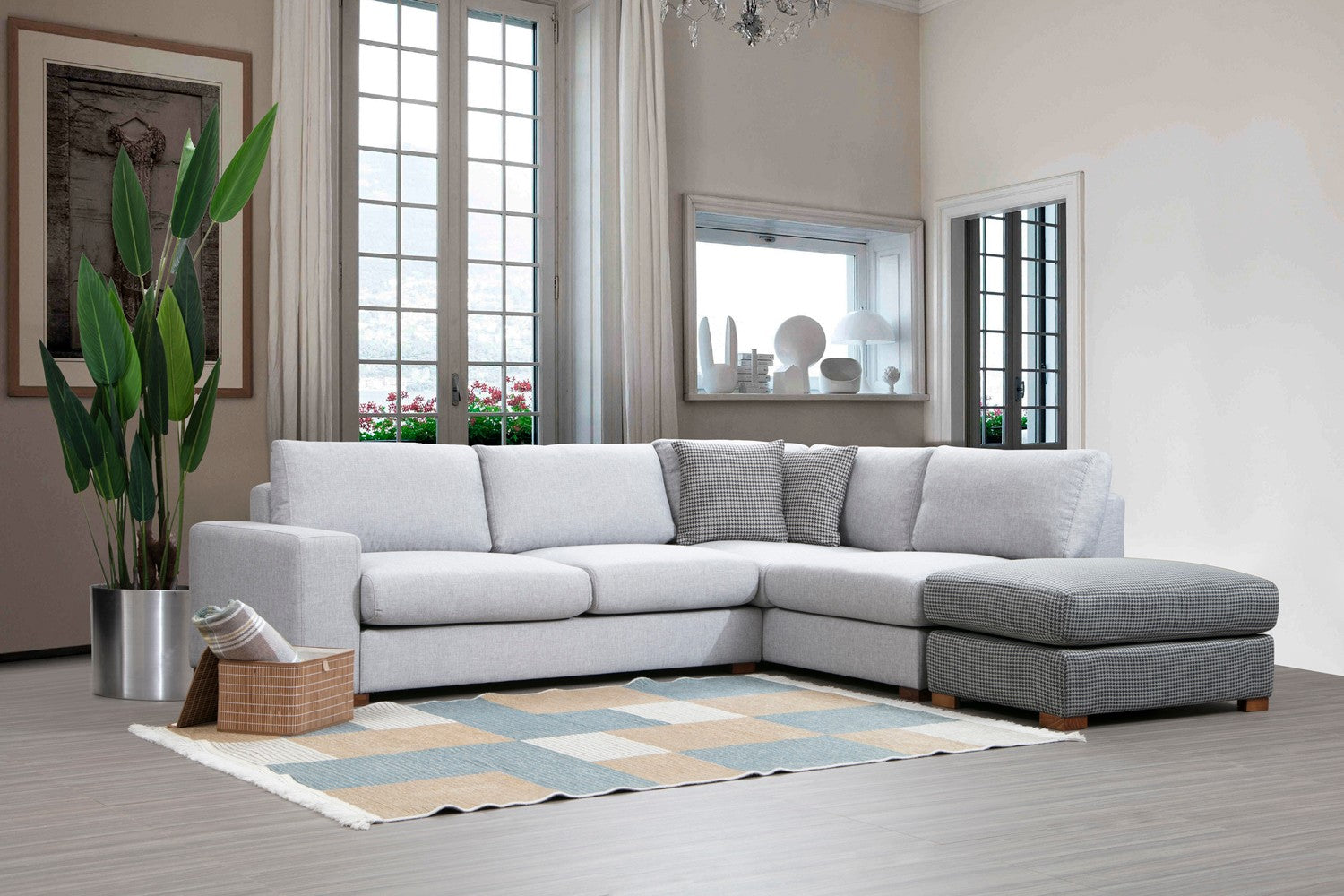 Sofá de canto elegante com pufe, estrutura de madeira de faia e aglomerado, 246 x 266 cm, cinza e cinza claro, 100% poliéster, pernas de nogueira, perfeito para espaços de estar modernos