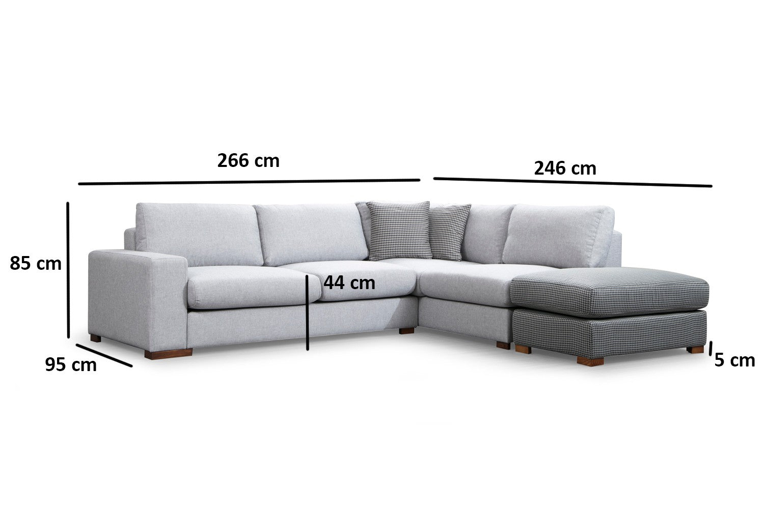 Sofá de canto elegante com pufe, estrutura de madeira de faia e aglomerado, 246 x 266 cm, cinza e cinza claro, 100% poliéster, pernas de nogueira, perfeito para espaços de estar modernos