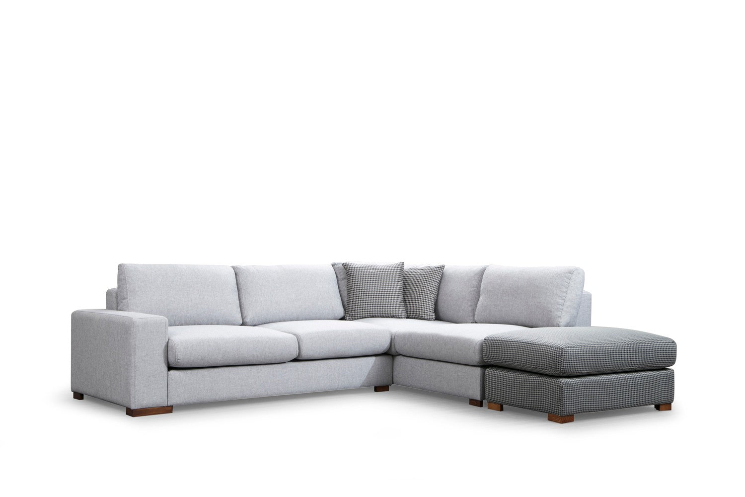 Sofá de canto elegante com pufe, estrutura de madeira de faia e aglomerado, 246 x 266 cm, cinza e cinza claro, 100% poliéster, pernas de nogueira, perfeito para espaços de estar modernos