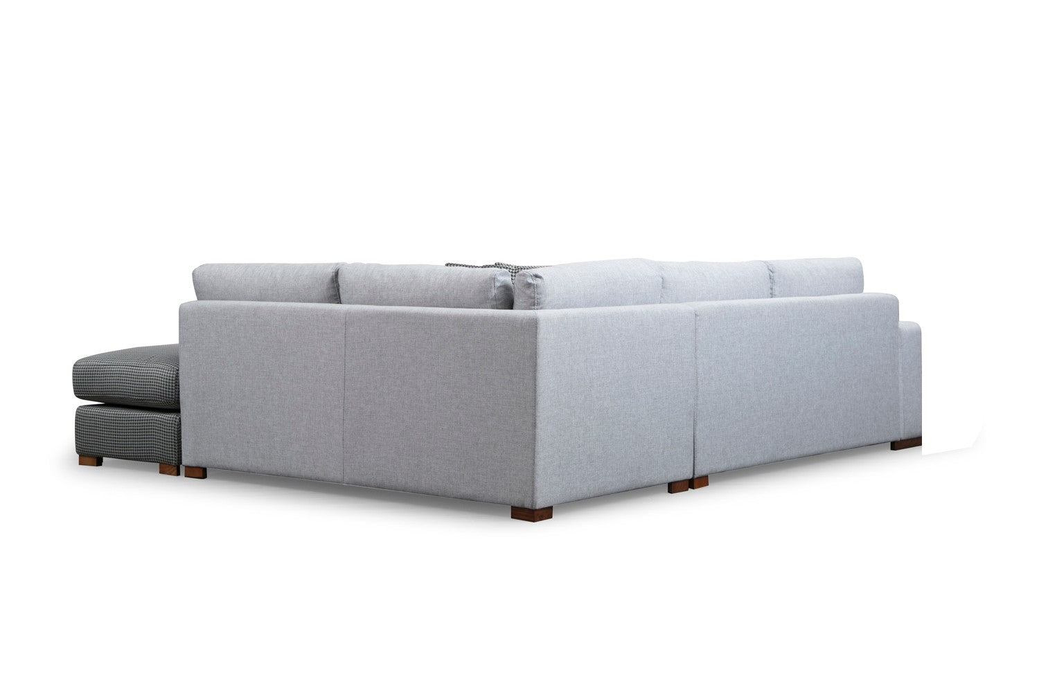Sofá de canto elegante com pufe, estrutura de madeira de faia e aglomerado, 246 x 266 cm, cinza e cinza claro, 100% poliéster, pernas de nogueira, perfeito para espaços de estar modernos