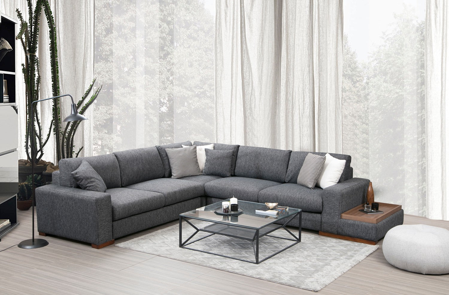Sofá de canto elegante com estrutura de madeira de faia, tecido antracite, 282 x 323 cm | Inclui 4 almofadas portáteis, pernas de nogueira, perfeito para espaços modernos