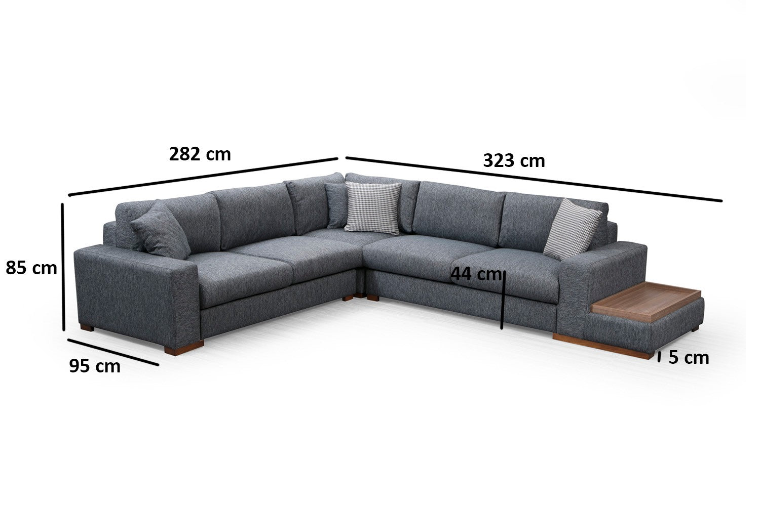 Sofá de canto elegante com estrutura de madeira de faia, tecido antracite, 282 x 323 cm | Inclui 4 almofadas portáteis, pernas de nogueira, perfeito para espaços modernos