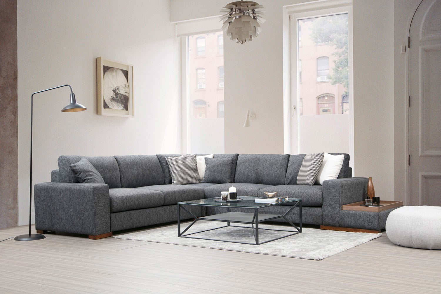 Sofá de canto elegante com estrutura de madeira de faia, tecido antracite, 282 x 323 cm | Inclui 4 almofadas portáteis, pernas de nogueira, perfeito para espaços modernos