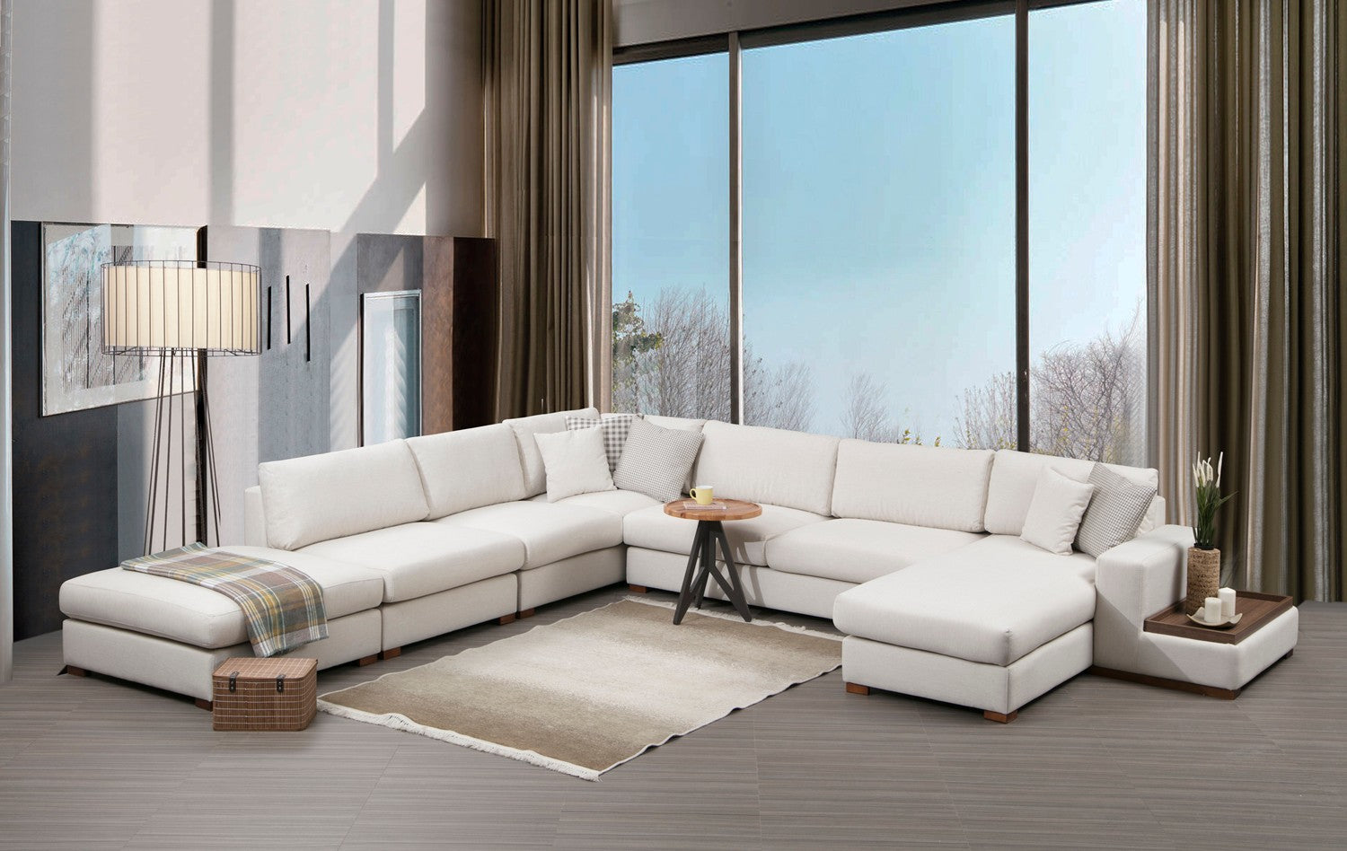 Sofá de canto elegante com estrutura de madeira de faia, 374 x 428 cm, 100% poliéster, pernas de nogueira, 5 almofadas, lavável a seco, design escandinavo, branco e bege