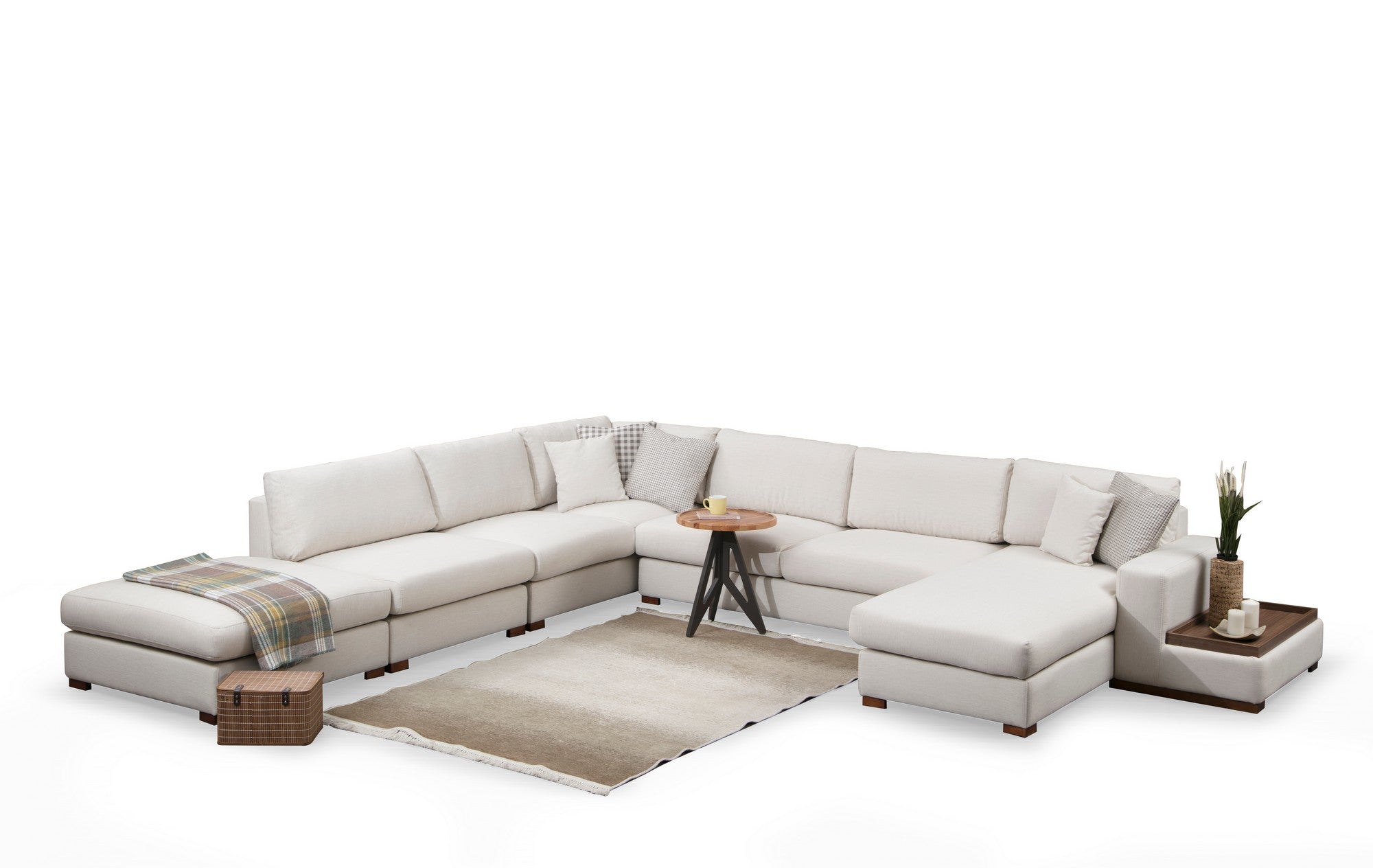 Sofá de canto elegante com estrutura de madeira de faia, 374 x 428 cm, 100% poliéster, pernas de nogueira, 5 almofadas, lavável a seco, design escandinavo, branco e bege