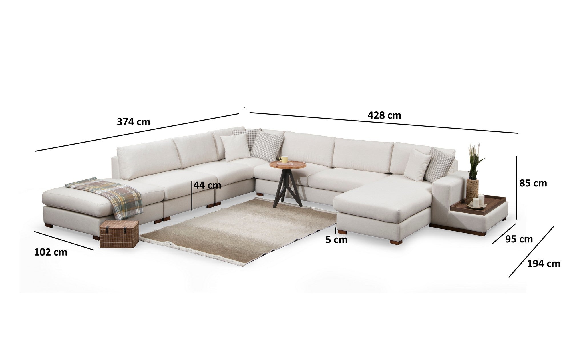 Sofá de canto elegante com estrutura de madeira de faia, 374 x 428 cm, 100% poliéster, pernas de nogueira, 5 almofadas, lavável a seco, design escandinavo, branco e bege