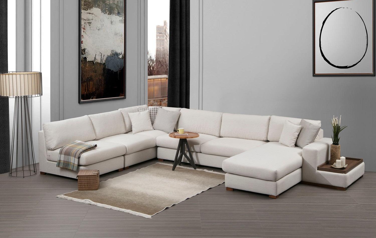Sofá de canto elegante com pernas de nogueira, 272 x 428 cm, 100% poliéster, 5 almofadas, lavável a seco, design escandinavo, perfeito para espaços de vida modernos