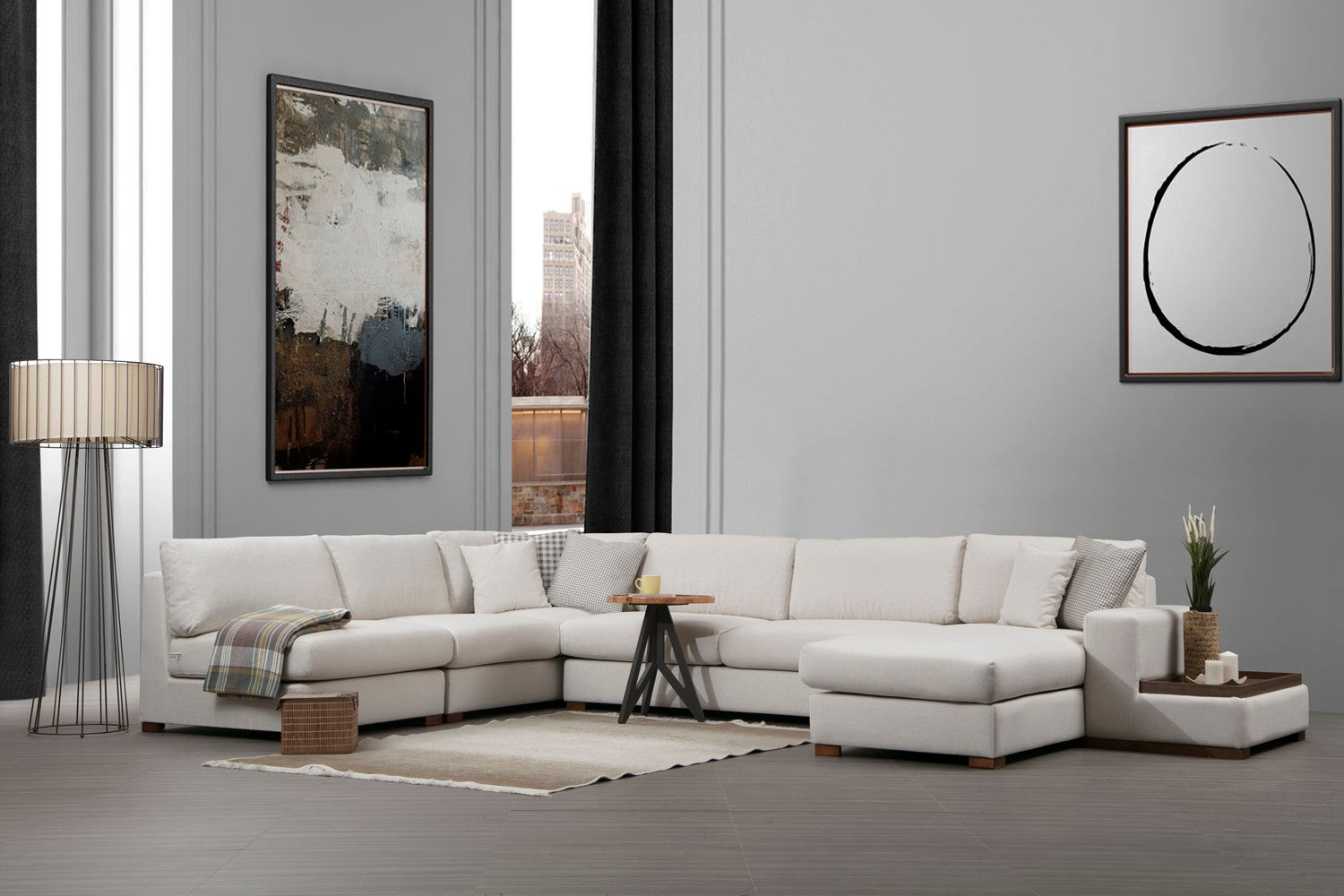 Sofá de canto elegante com pernas de nogueira, 272 x 428 cm, 100% poliéster, 5 almofadas, lavável a seco, design escandinavo, perfeito para espaços de vida modernos