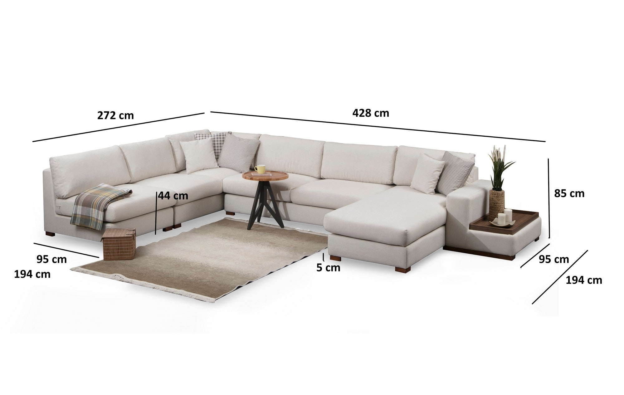 Sofá de canto elegante com pernas de nogueira, 272 x 428 cm, 100% poliéster, 5 almofadas, lavável a seco, design escandinavo, perfeito para espaços de vida modernos