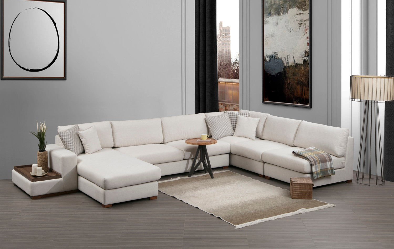 Sofá de canto elegante com estrutura de madeira de faia, 272 x 428 cm, 100% poliéster, pernas de nogueira, 5 almofadas portáteis, design escandinavo, perfeito para espaços de estar modernos
