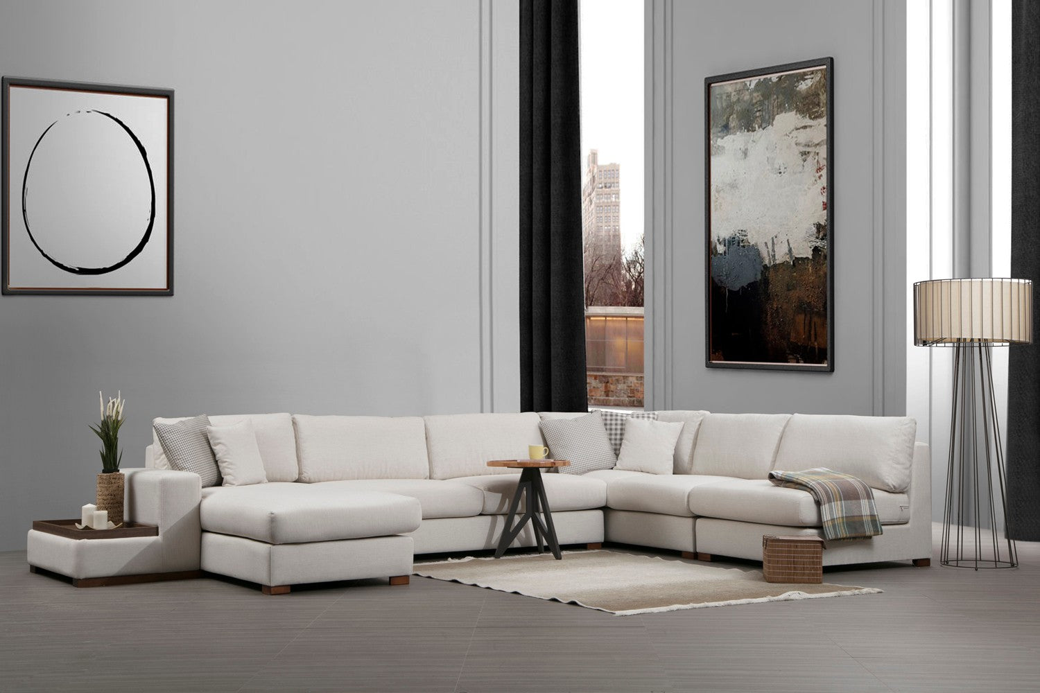 Sofá de canto elegante com estrutura de madeira de faia, 272 x 428 cm, 100% poliéster, pernas de nogueira, 5 almofadas portáteis, design escandinavo, perfeito para espaços de estar modernos