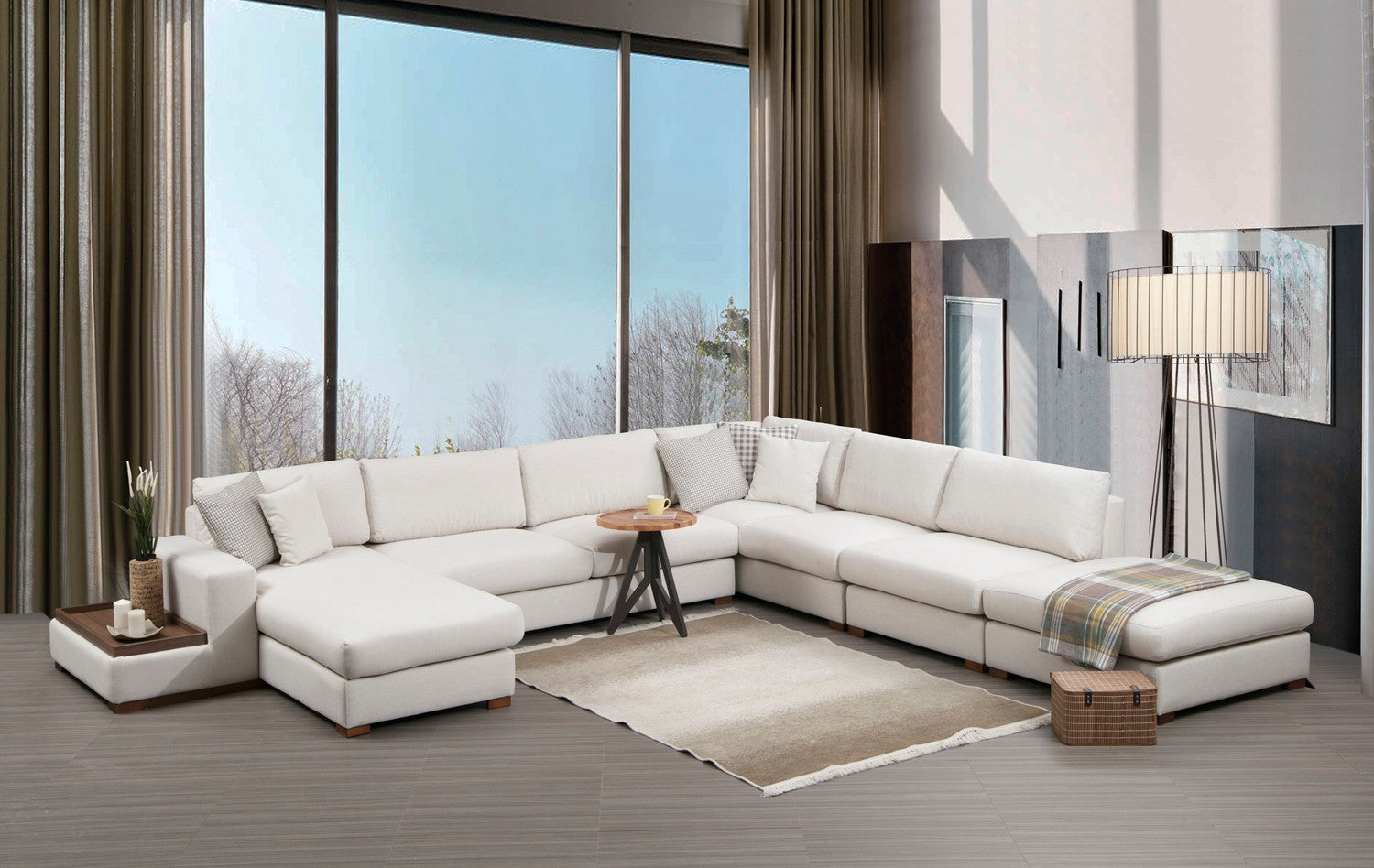 Sofá de canto elegante com pufe, estrutura de madeira de faia e aglomerado, 374 x 428 cm | 100% poliéster, pernas de nogueira | Design escandinavo moderno, lavável a seco