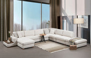 Sofá de canto elegante com pufe, estrutura de madeira de faia e aglomerado, 374 x 428 cm | 100% poliéster, pernas de nogueira | Design escandinavo moderno, lavável a seco