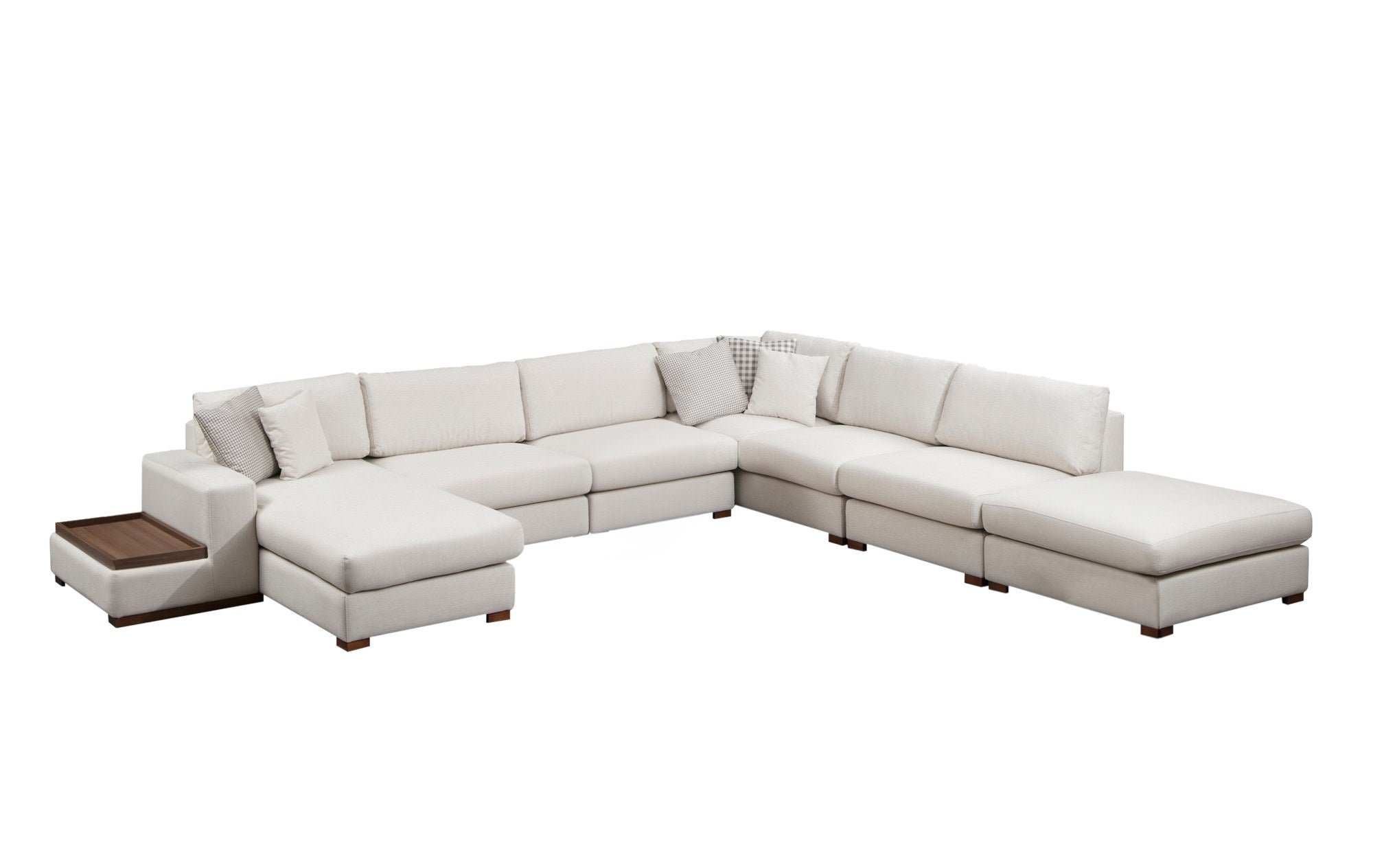 Sofá de canto elegante com pufe, estrutura de madeira de faia e aglomerado, 374 x 428 cm | 100% poliéster, pernas de nogueira | Design escandinavo moderno, lavável a seco