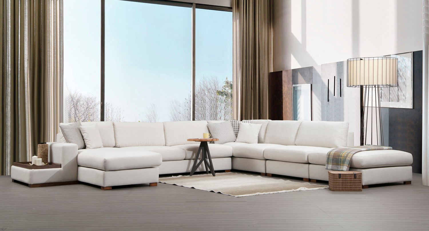 Sofá de canto elegante com pufe, estrutura de madeira de faia e aglomerado, 374 x 428 cm | 100% poliéster, pernas de nogueira | Design escandinavo moderno, lavável a seco