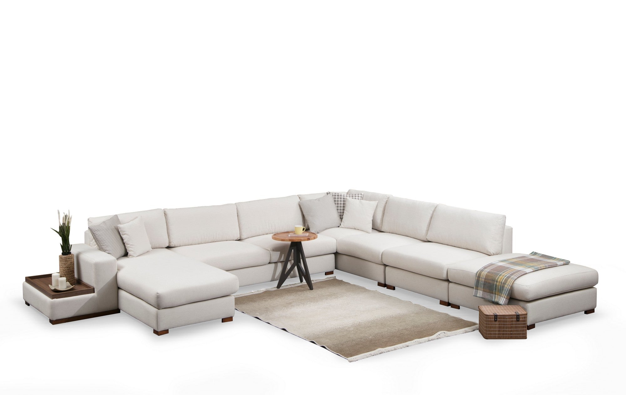 Sofá de canto elegante com pufe, estrutura de madeira de faia e aglomerado, 374 x 428 cm | 100% poliéster, pernas de nogueira | Design escandinavo moderno, lavável a seco