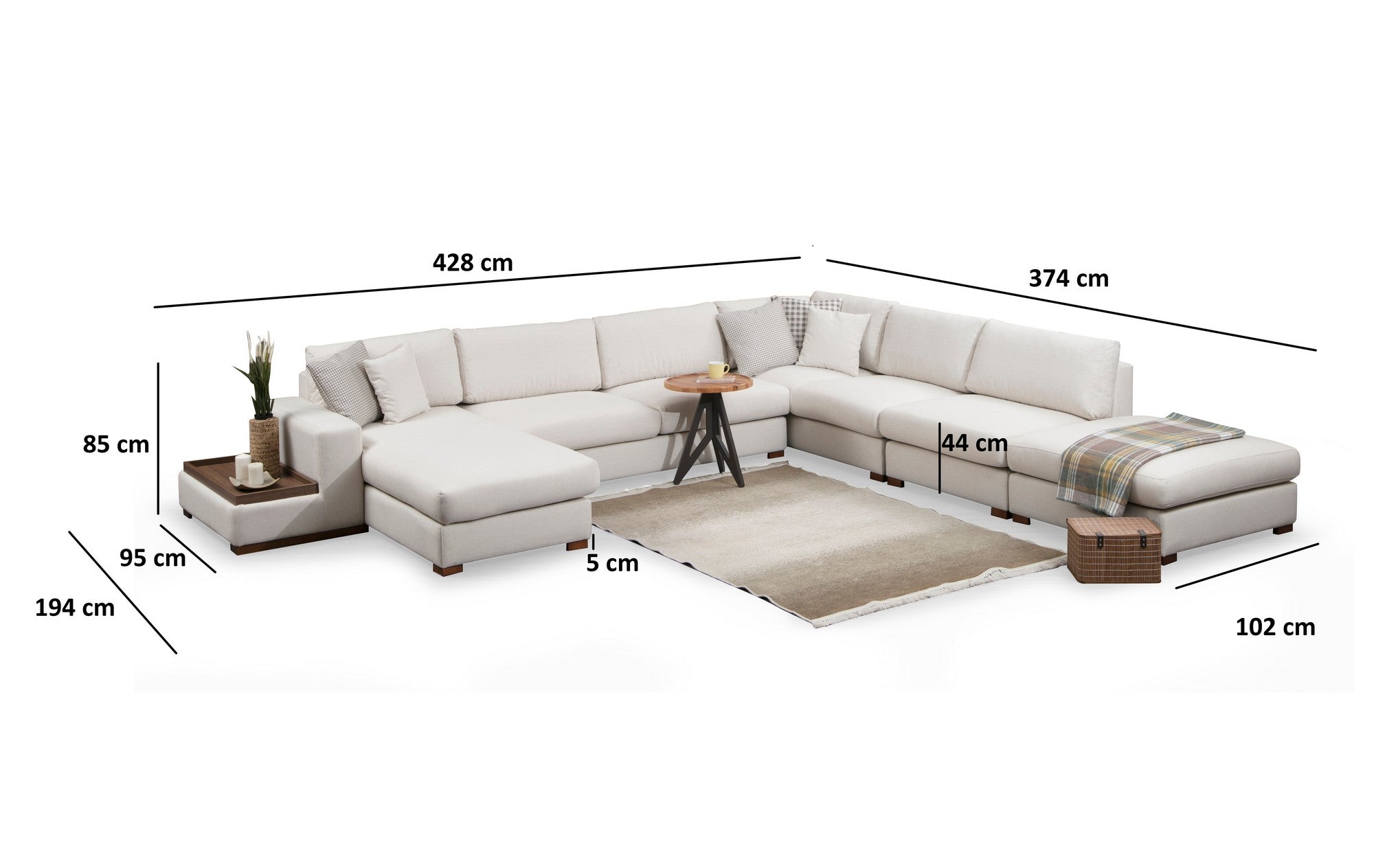Sofá de canto elegante com pufe, estrutura de madeira de faia e aglomerado, 374 x 428 cm | 100% poliéster, pernas de nogueira | Design escandinavo moderno, lavável a seco