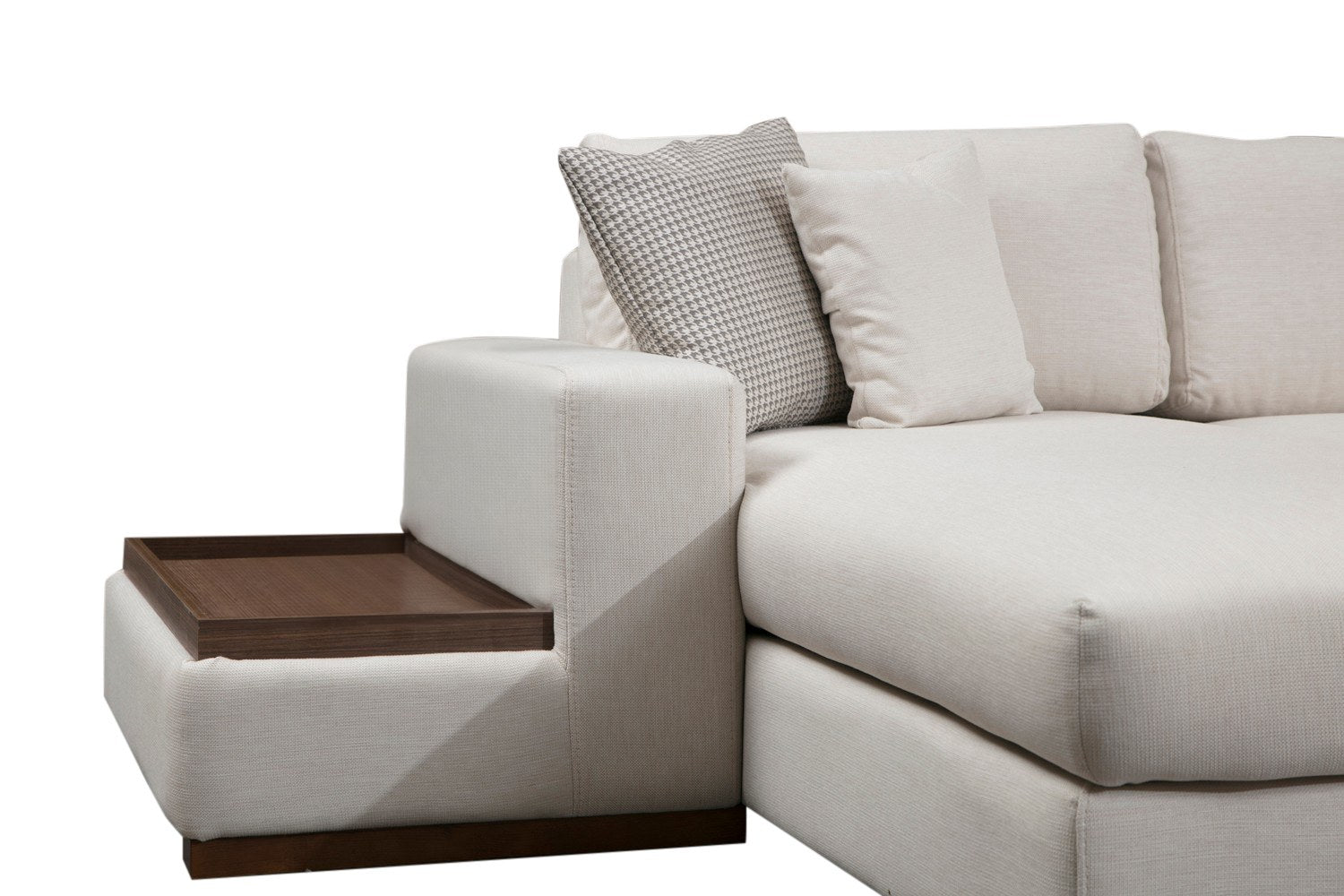 Sofá de canto elegante com pufe, estrutura de madeira de faia e aglomerado, 374 x 428 cm | 100% poliéster, pernas de nogueira | Design escandinavo moderno, lavável a seco