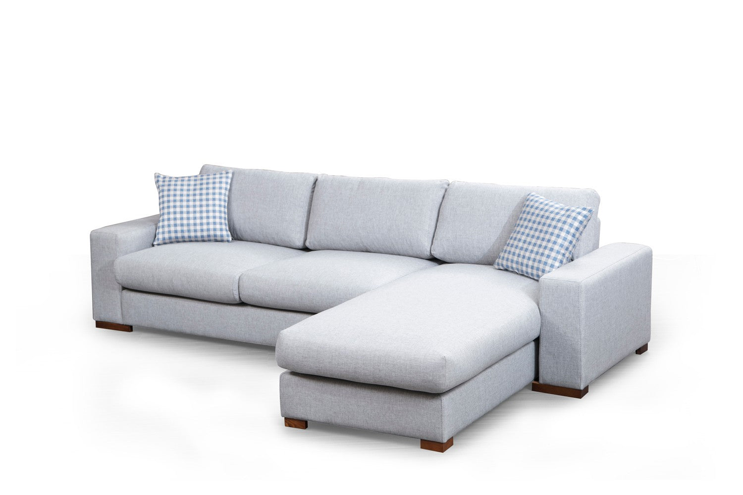 Sofá de canto elegante com estrutura de madeira de faia, tecido cinza claro, 290 x 194 cm | Inclui 2 almofadas portáteis, pernas de nogueira, perfeito para casas escandinavas modernas