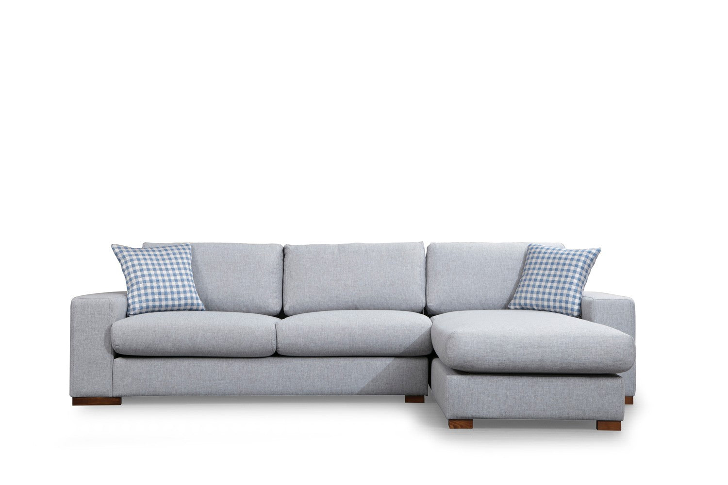 Sofá de canto elegante com estrutura de madeira de faia, tecido cinza claro, 290 x 194 cm | Inclui 2 almofadas portáteis, pernas de nogueira, perfeito para casas escandinavas modernas