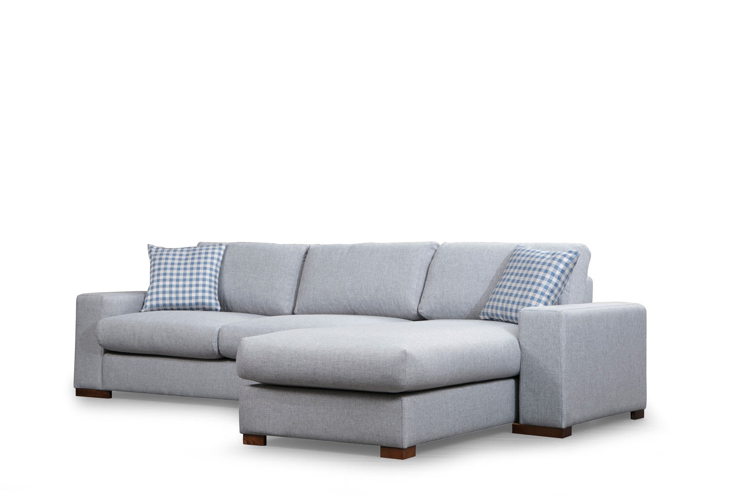 Sofá de canto elegante com estrutura de madeira de faia, tecido cinza claro, 290 x 194 cm | Inclui 2 almofadas portáteis, pernas de nogueira, perfeito para casas escandinavas modernas