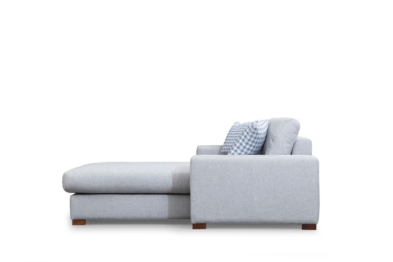 Sofá de canto elegante com estrutura de madeira de faia, tecido cinza claro, 290 x 194 cm | Inclui 2 almofadas portáteis, pernas de nogueira, perfeito para casas escandinavas modernas