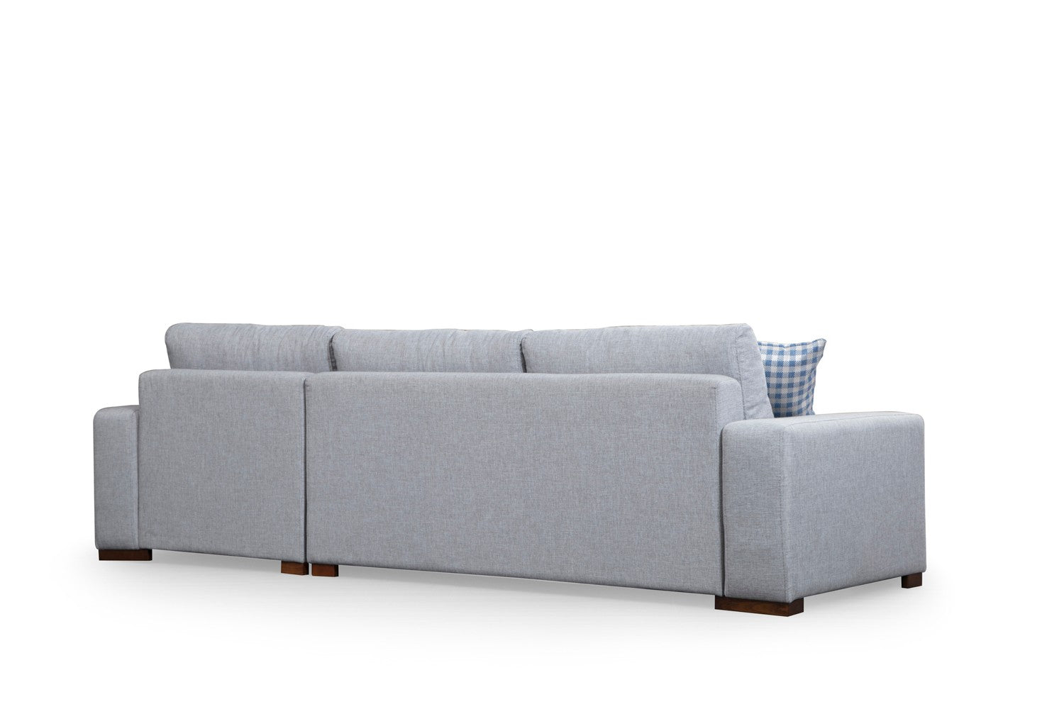 Sofá de canto elegante com estrutura de madeira de faia, tecido cinza claro, 290 x 194 cm | Inclui 2 almofadas portáteis, pernas de nogueira, perfeito para casas escandinavas modernas